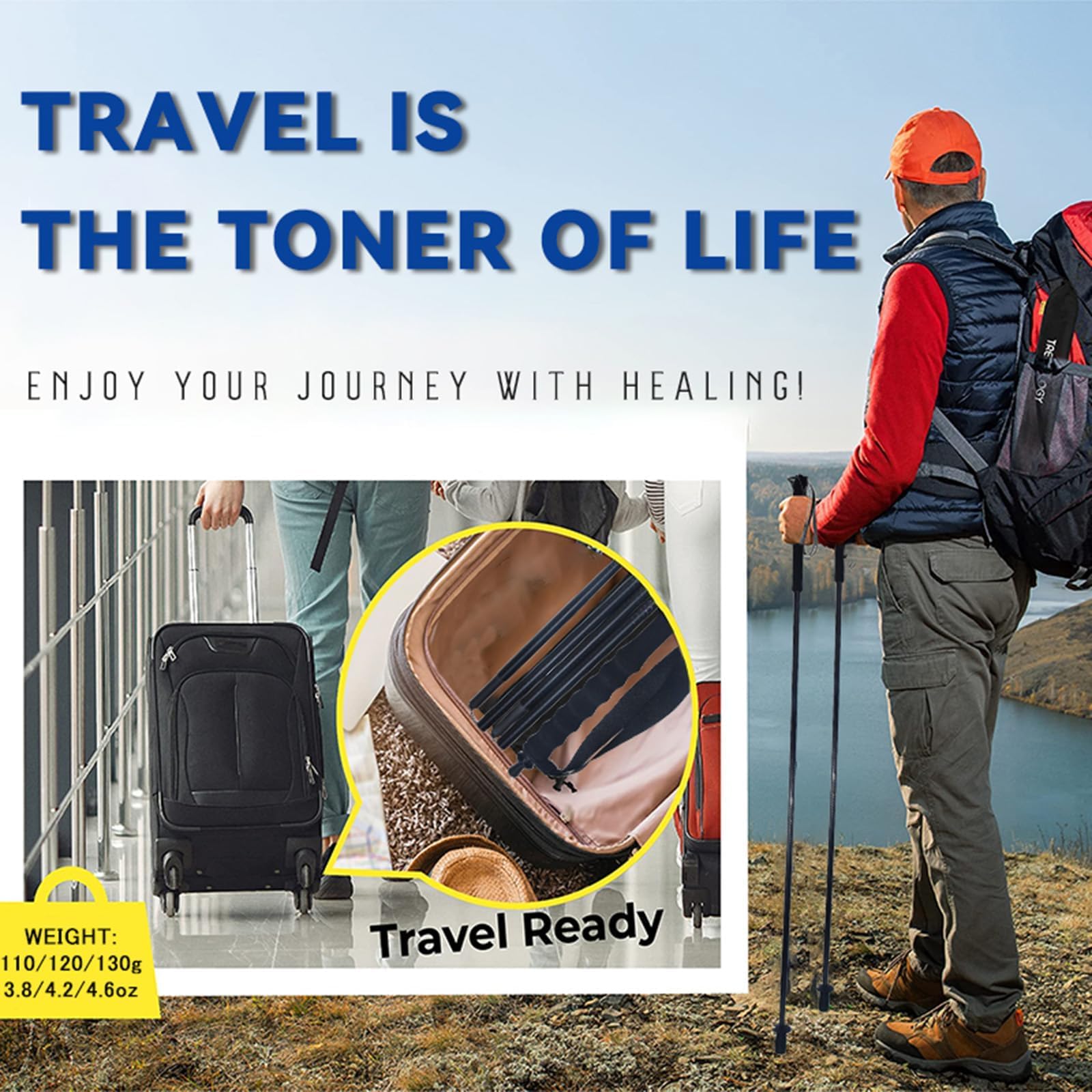 Ultralekkie kijki trekkingowe z włókna węglowego, 5-częściowe, regulowane, z końcówkami antywstrząsowymi, ergonomiczne uchwyty i torba do przechowywania, do wędrówek, spacerów i wędrówek z plecakiem