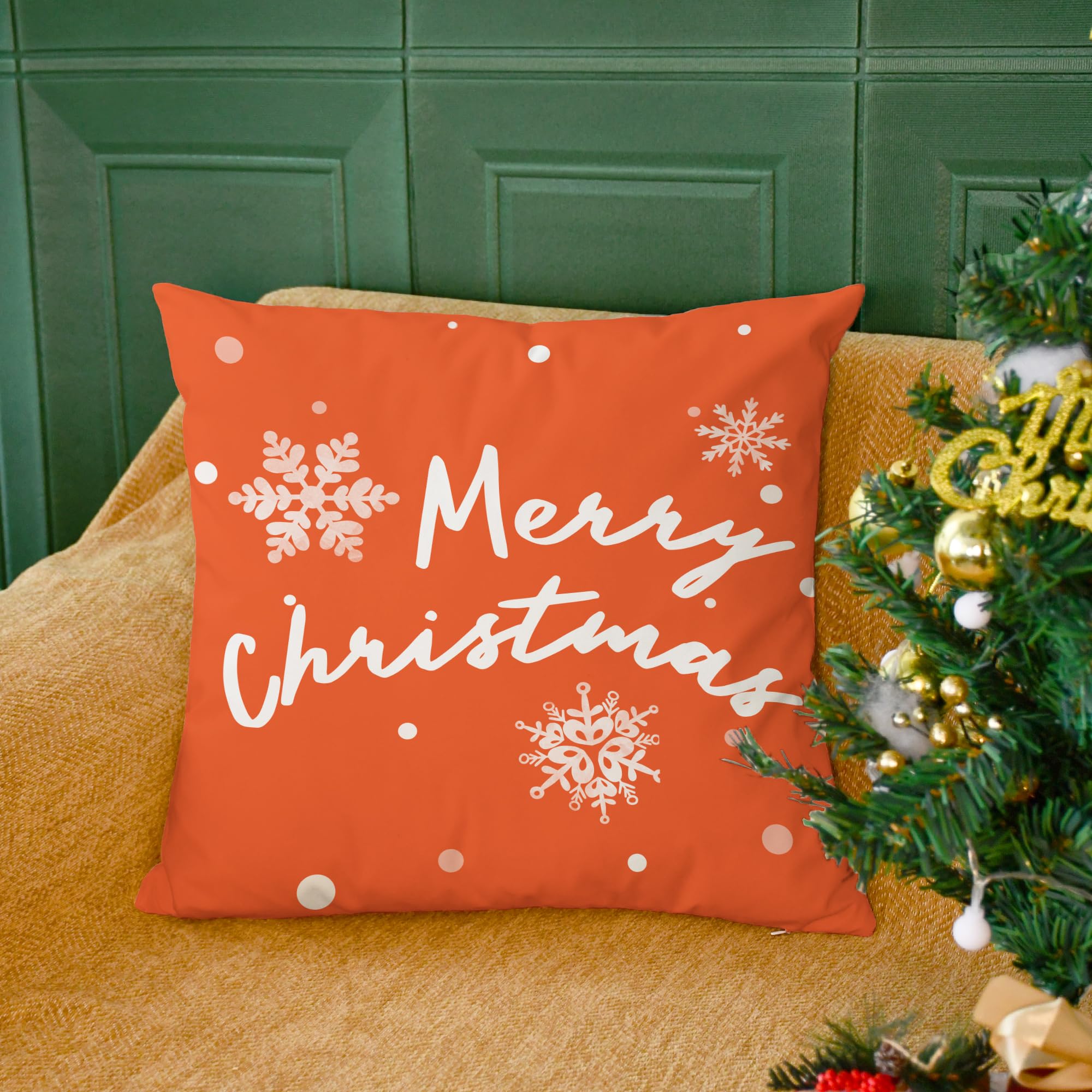 CaliTime Set di 4 federe decorative per cuscini natalizi, 40 x 40 cm, in morbido pile, motivo albero, cervo, fiocchi di neve, per divano, letto, soggiorno, casa colonica, arancione bruciato