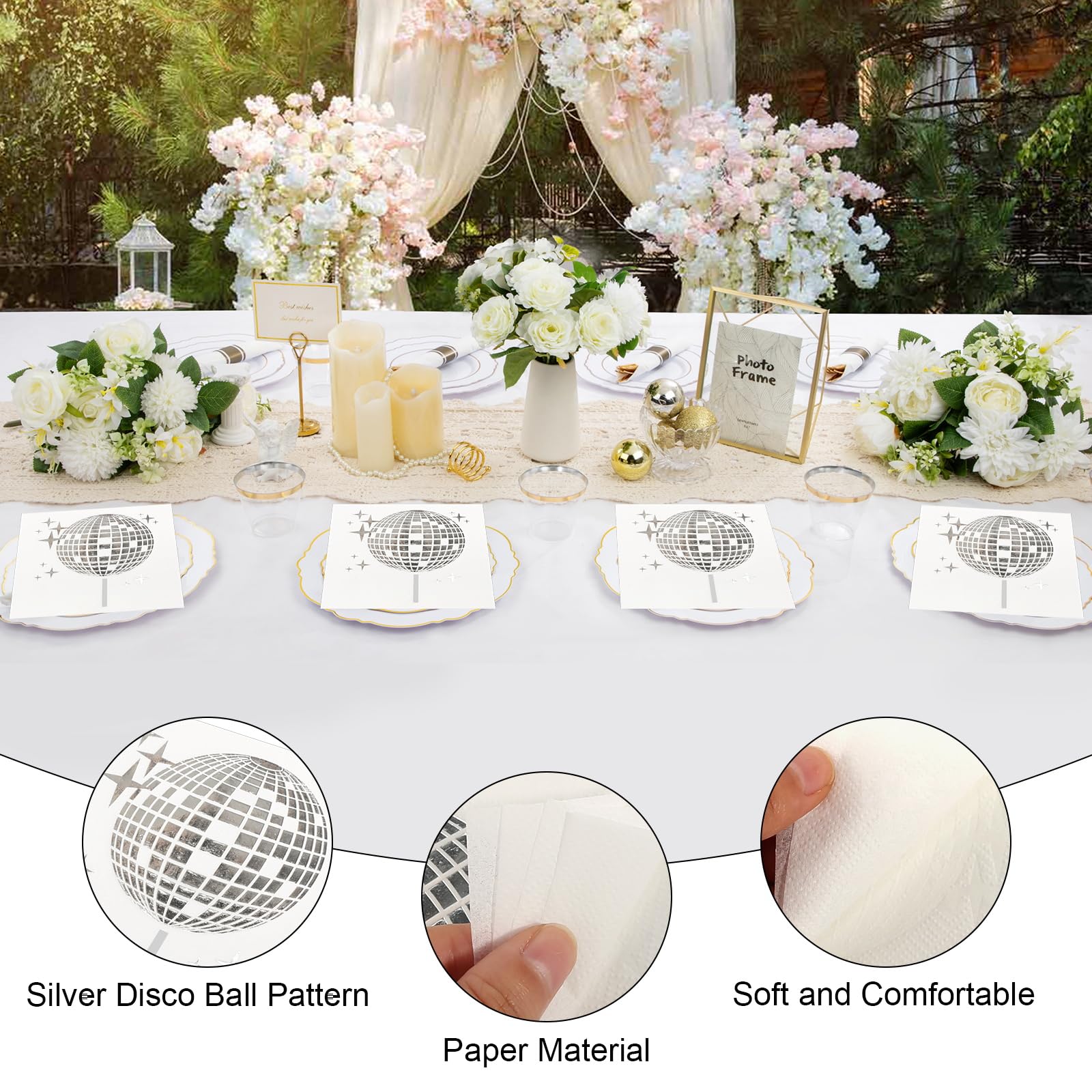 KOBOKO Tovaglioli Decorativi A Sfera Discoteca - 25 Pezzi 25x25 Cm - Carta Assorbente 2 Strati Con Motivo Argento - Per Feste A Tema Anni 70 80 90, Compleanni E Decorazioni