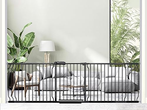 Puerta de seguridad resistente para bebés y perros de 86 a 104.7 pulgadas, metal negro, montada a presión, sin perforación, puerta para mascotas