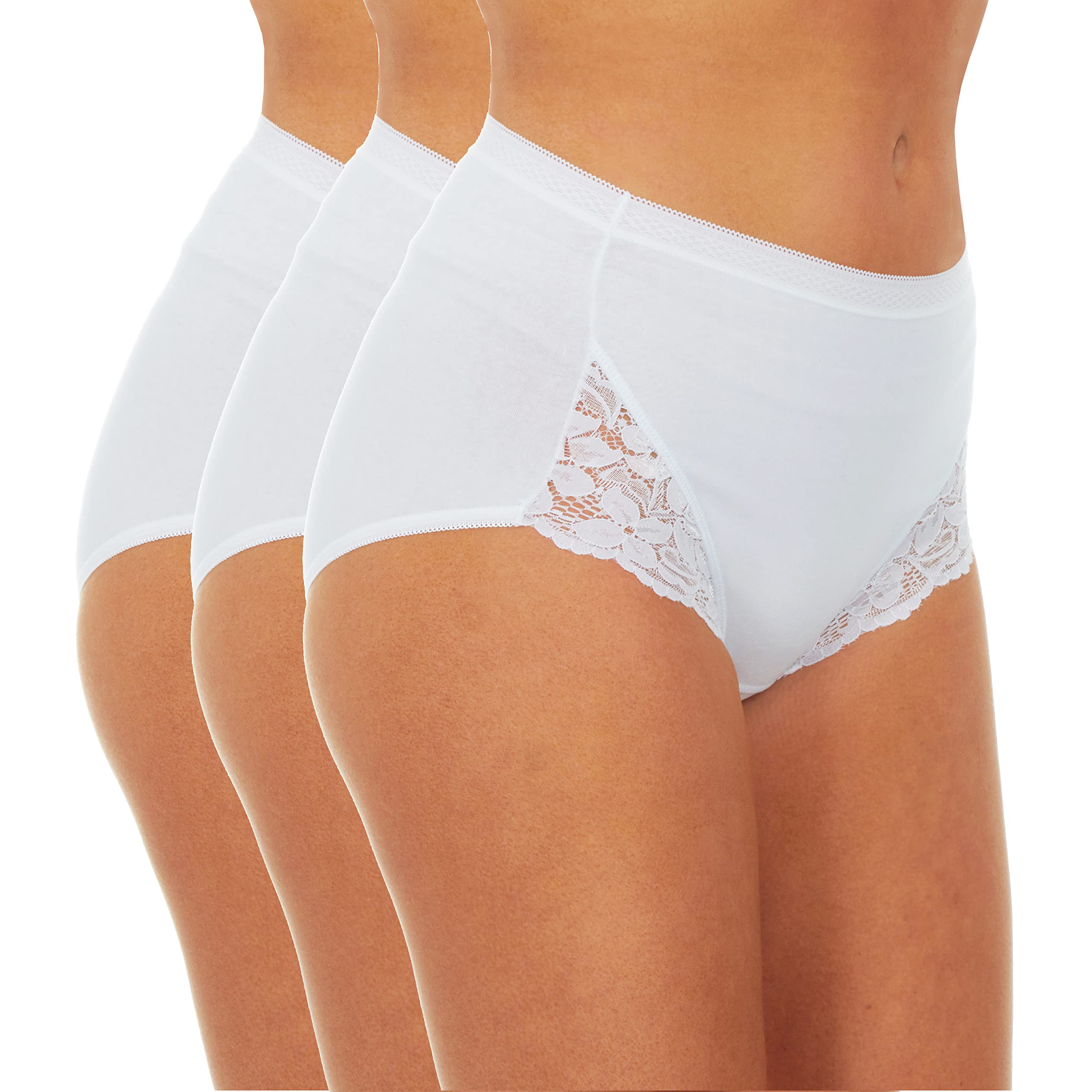 Metzuyan WS-SS23 Ladies 3 Pack Lace Maxi Briefs Cotton Rich Underwear White 18