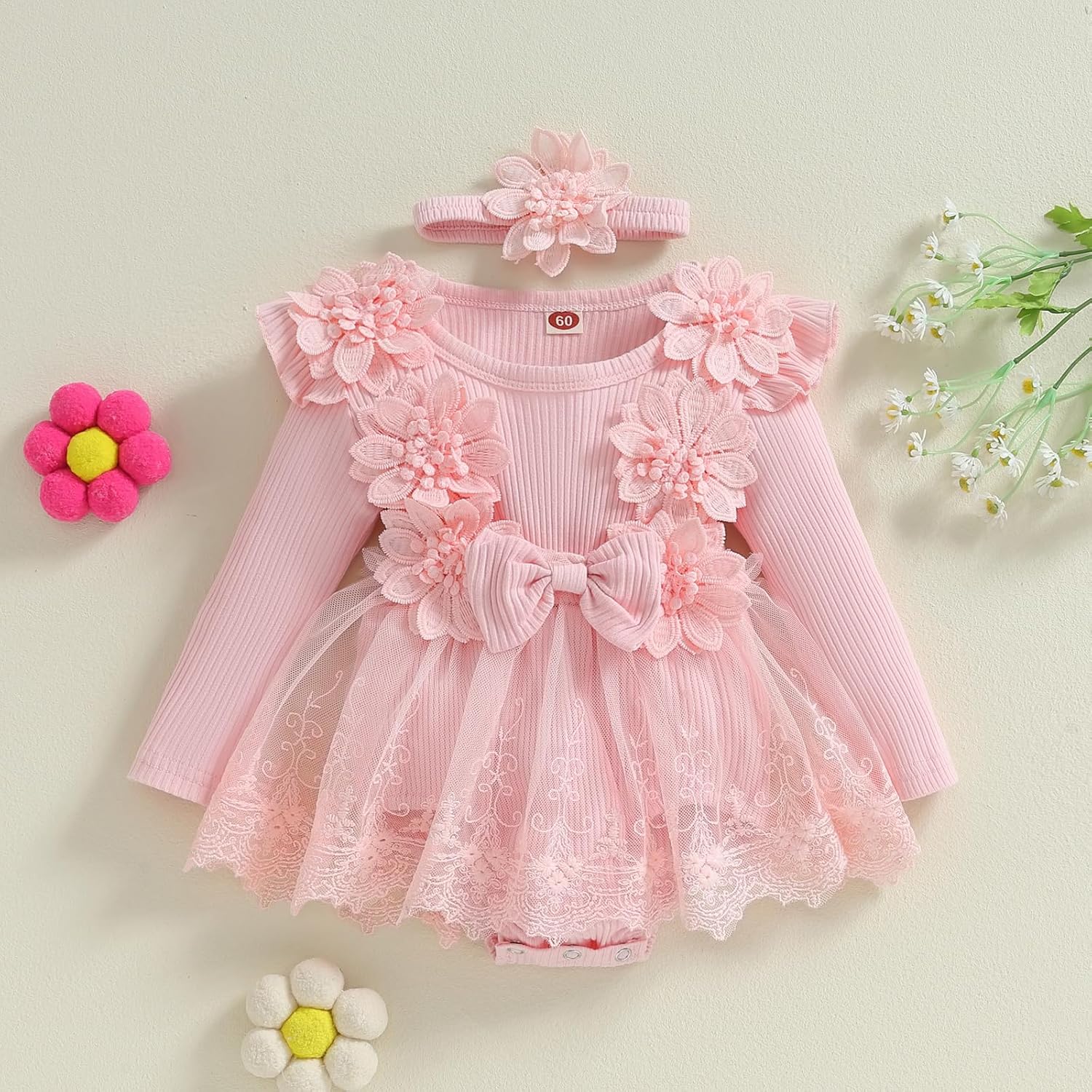 ZAXARRA Infant Baby Girl Romper Dress Baby Dress Romper Flowers Lace Fall Winter Clothes with Headband - Image 2