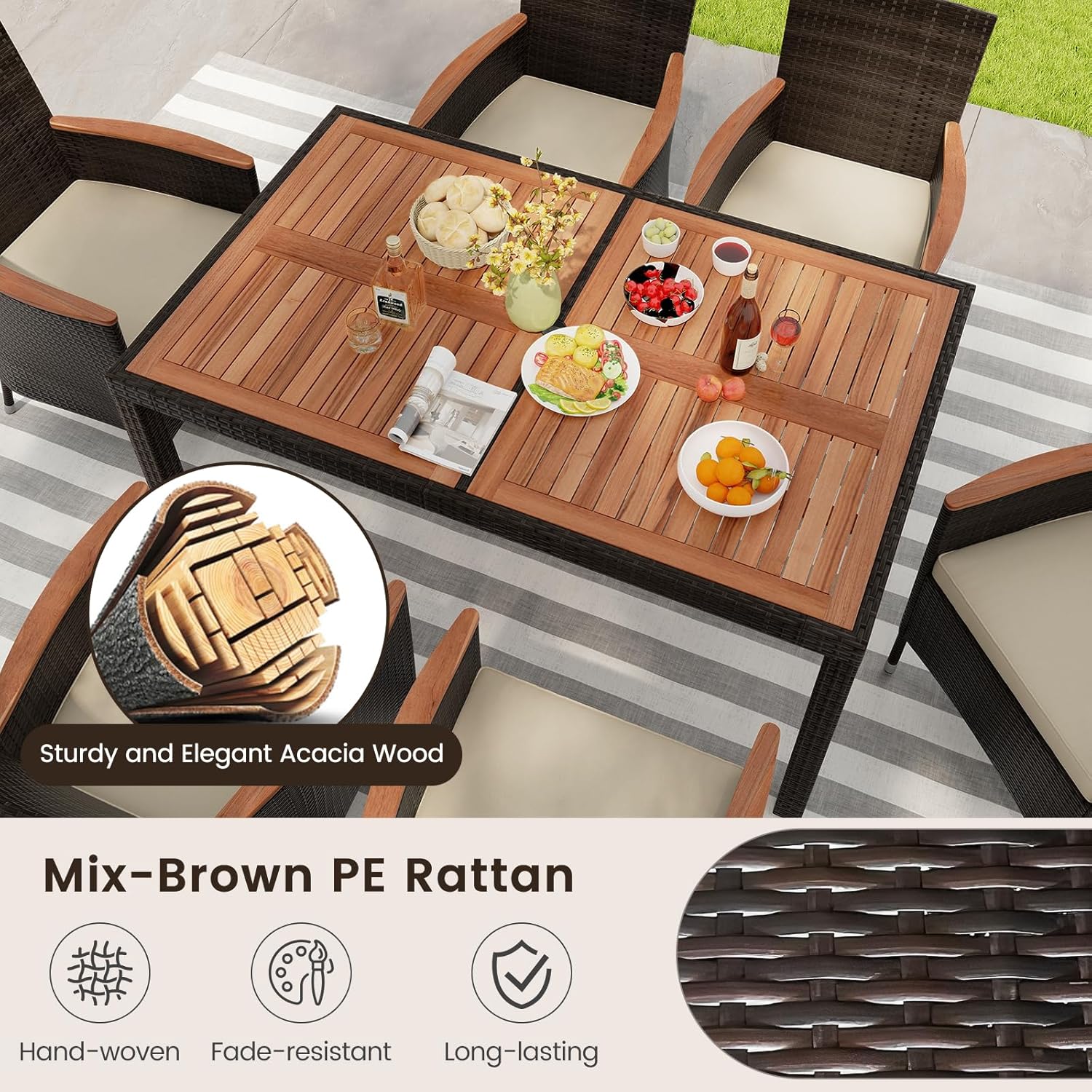 KOTEK 7 Piece Outdoor Dining Set, Wicker Patio Dining Set for 6 with Stackable Chairs & Acacia Wood Table, 1.96'' Umbrella Hole, Patio Table and Chairs Set for Backyard, Deck, Garden (Mix Brown)