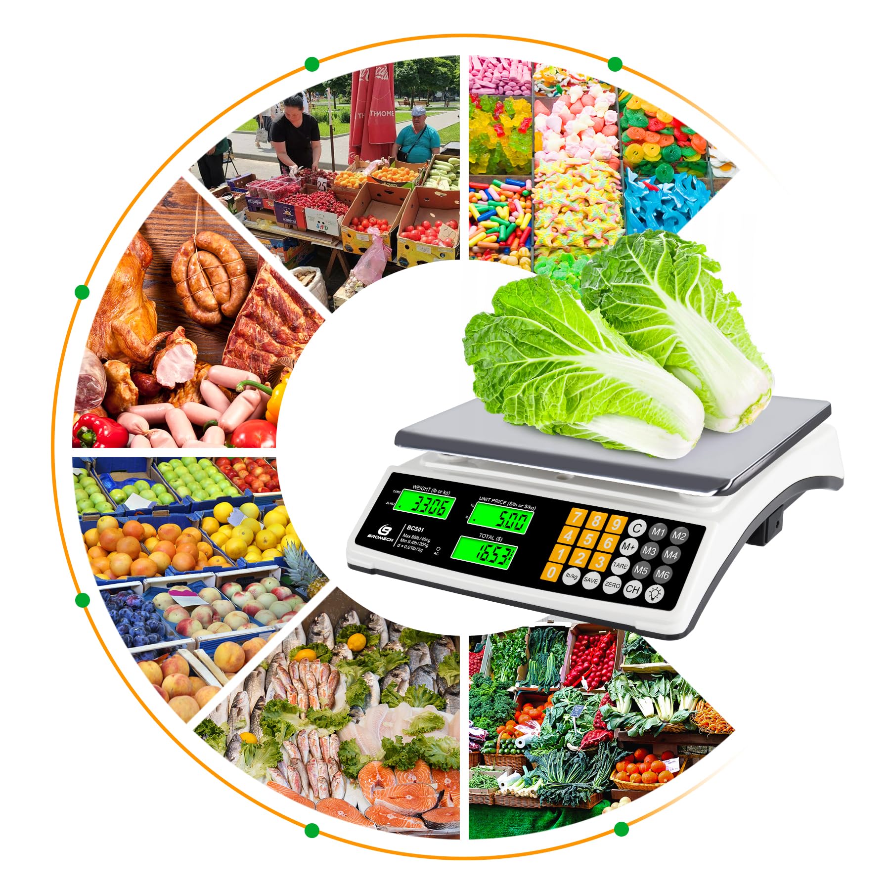 Bilancia per calcolo dei prezzi, 40 kg, bilancia commerciale per alimenti per la pesatura della carne, display LCD e retroilluminazione verde brillante per mercati agricoli, negozi di carne,