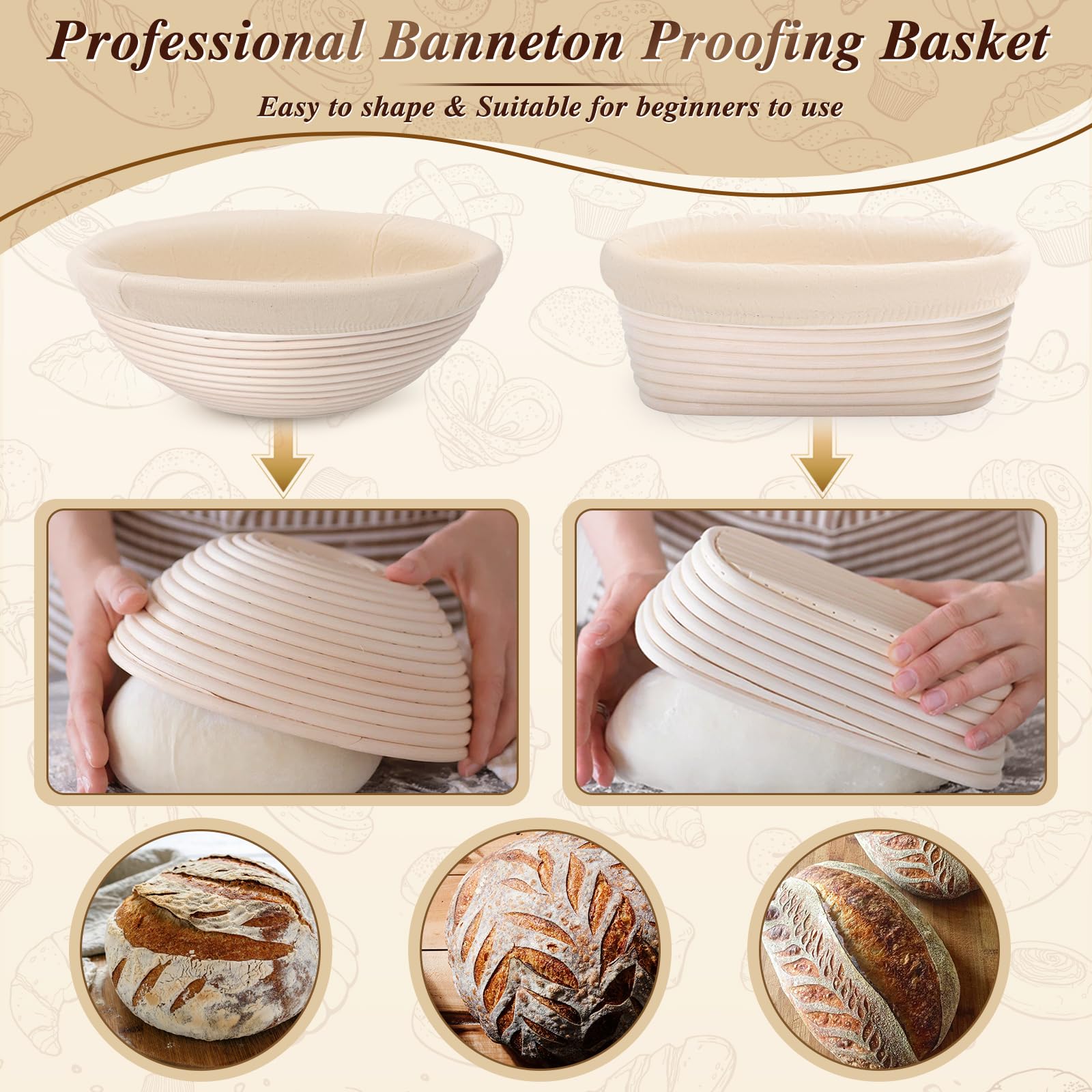 Banneton Brotgärkörbe Set – 2 Körbe (rund & Oval) + 12 Zubehörteile Für Sauerteig-Brotbacken