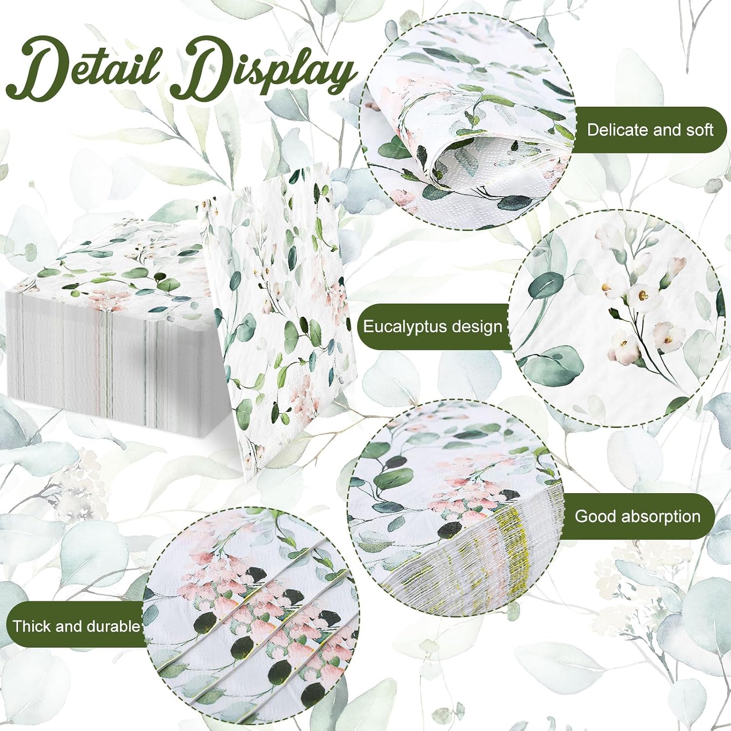 Whaline 80Pcs Eucalyptus Floral Paper Napkins Watercolor Greenery Leaves Flower Disposable Napkin Spring Sage Green Pink Luncheon Dinner Napkin for Wedding Birthday Baby Shower Bridal Party Supplies