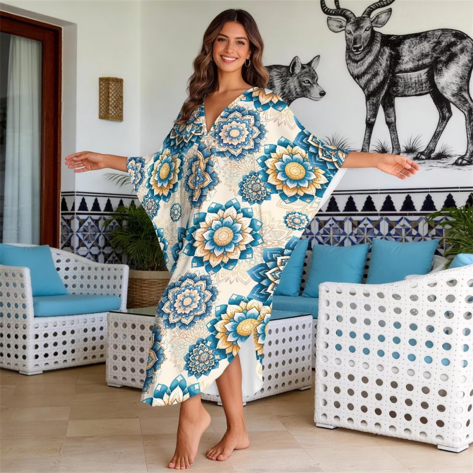 Xoenoiee Damskie sukienki kaftanowe plus size okrycie plażowe dekolt w serek rękaw nietoperz strój kąpielowy okrycie letnia sukienka kaftan