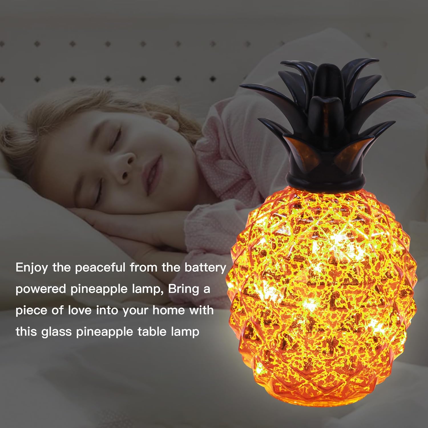 Romingo Mercury Glass Pineapple Lamp 9 Inch Batteries Operated Night Light with Timer for Living Bed Room, Women's Gift for Wife Girl Friend, Orange