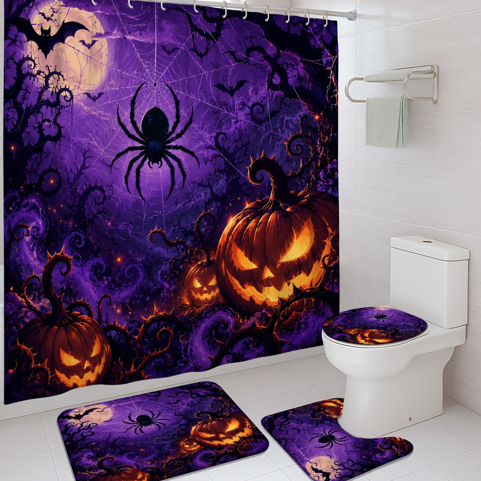 Rideau de douche imperméable Halloween violet avec citrouilles et chauve-souris