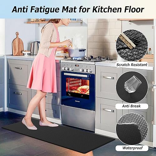 Miniatura 7 de Artnice Juego de 2 alfombras de cocina, antideslizantes, para piso, ergonómicas, acolchadas, antifatiga, impermeables, para el hogar, oficina,