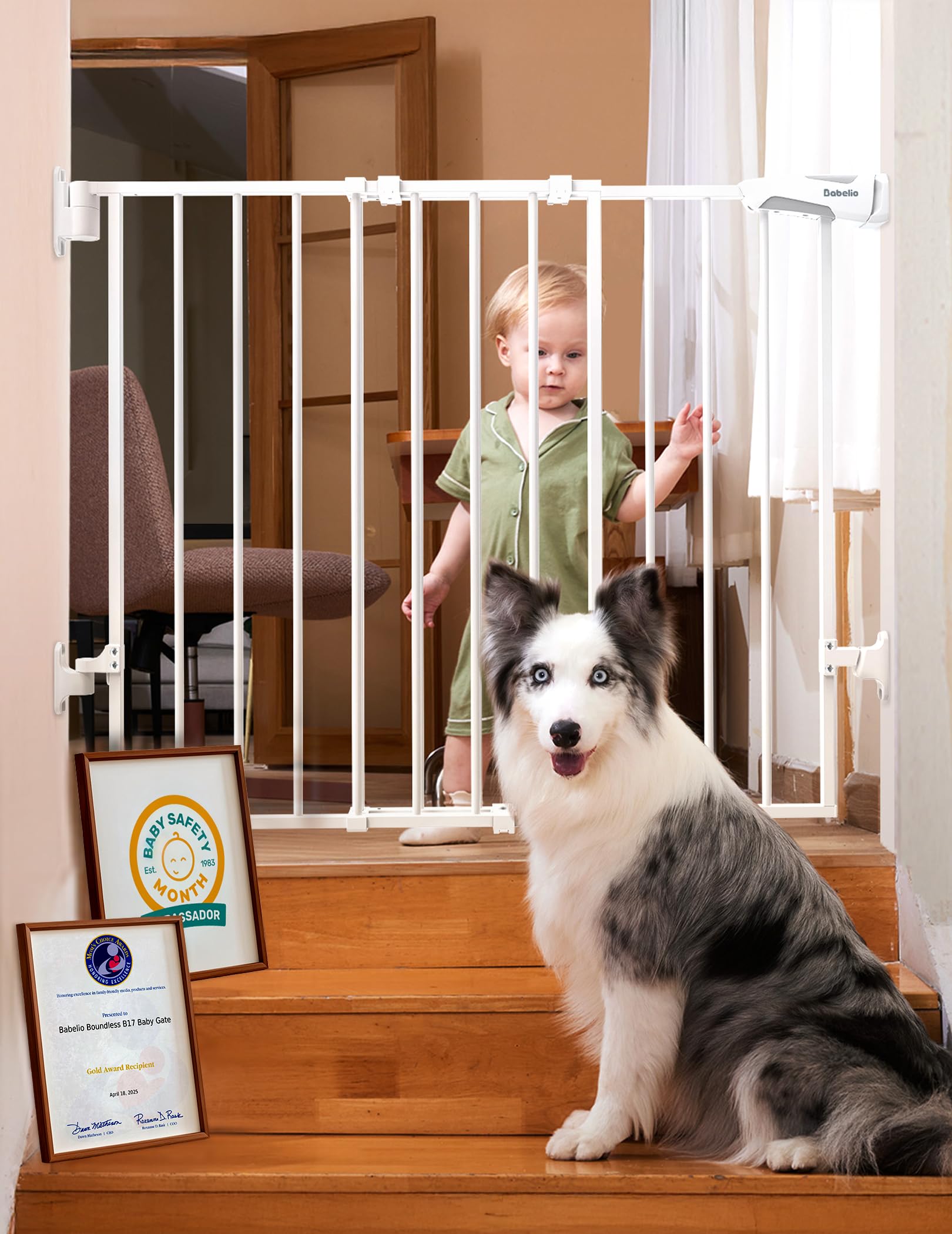 Babelio Baby Gate for Stairs, Kitchen & Doorways, 26-43" W 28" H No Bottom Bar| Easy Installation| One-Handed Operation| Auto-Close| Hardware Mount (Drill Needed) Safety Dog/Pet Gate Indoor (White)Babelio Baby Gate for Stairs, Kitchen & Doorways, 26-4…