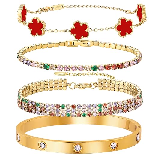 18 K Gold Plated Love Bracelet Stack for Women 4-Piece Bracelet with Synthetic Shell Floral Clover Chain, Tennis Chain and Crystal Gold Bangle, Love Bracelet Design Gift Jewelry for Valentines Birthday Mother's Day (Red Coloured)