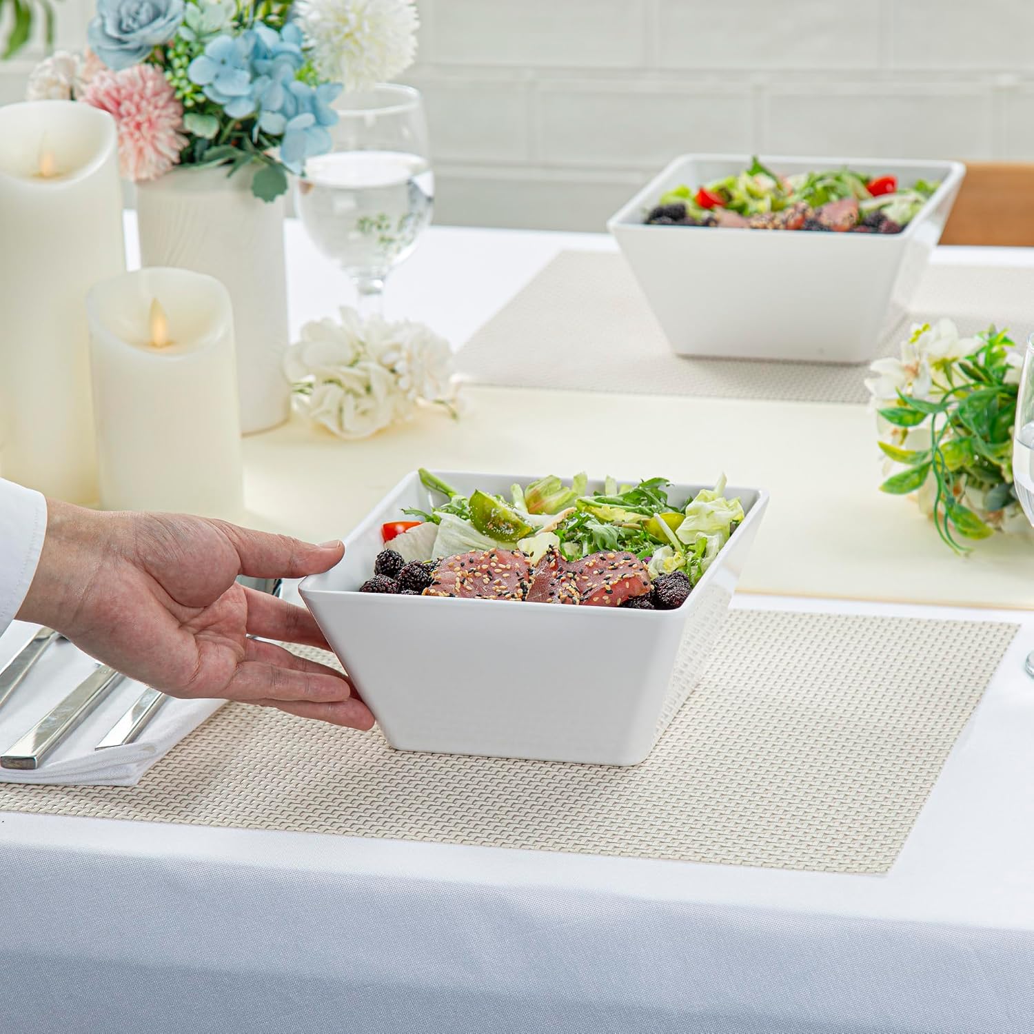 Restaurantware-45 Ounce Deep Soup Bowls, 10 Dishwashable Square Serving Bowls - Shatter-Resistant, White Melamine Salad Eating Bowl, Serve Side Dishes, Entrees, And Snacks, For Parties Or Events