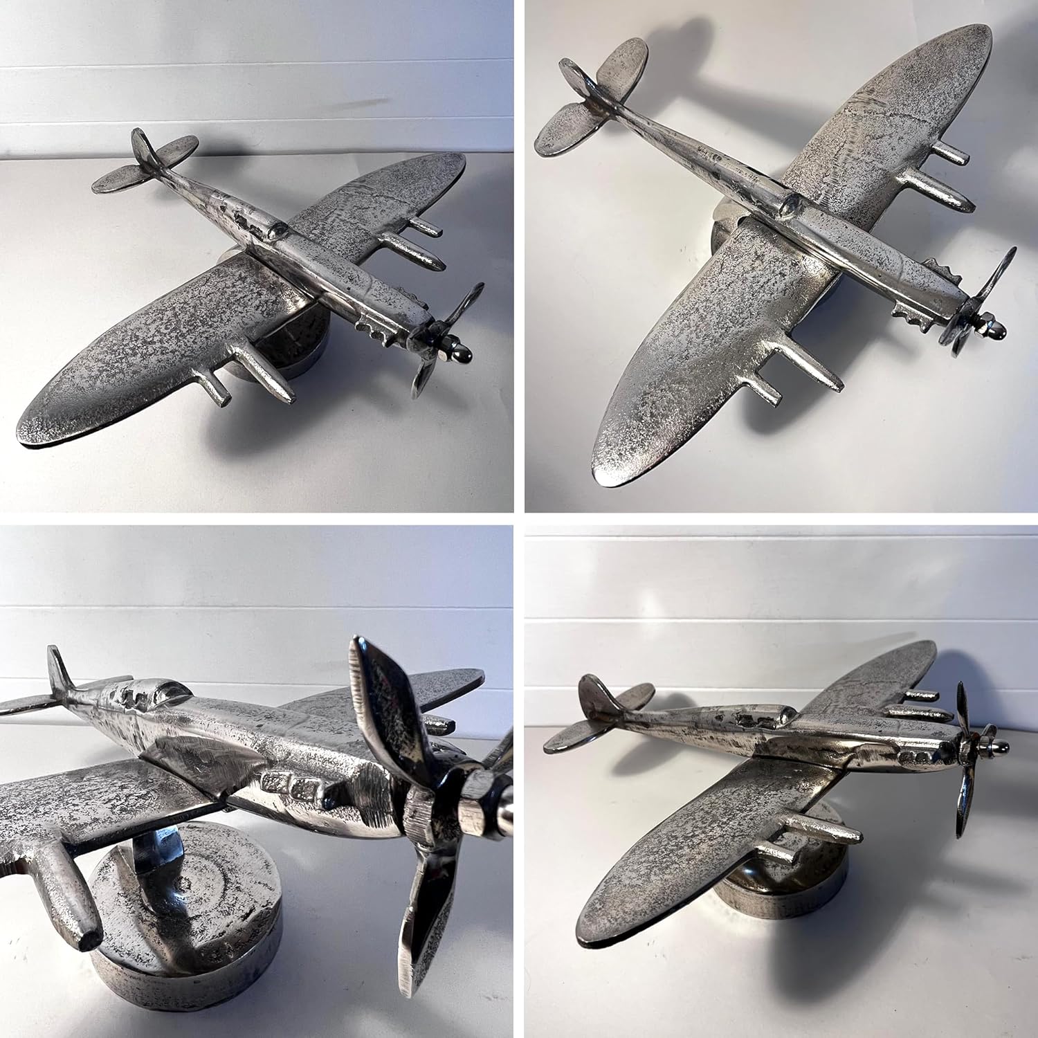 Thorness Cast Aluminium Spitfire Model Plane display model on stand with distressed silver finish
