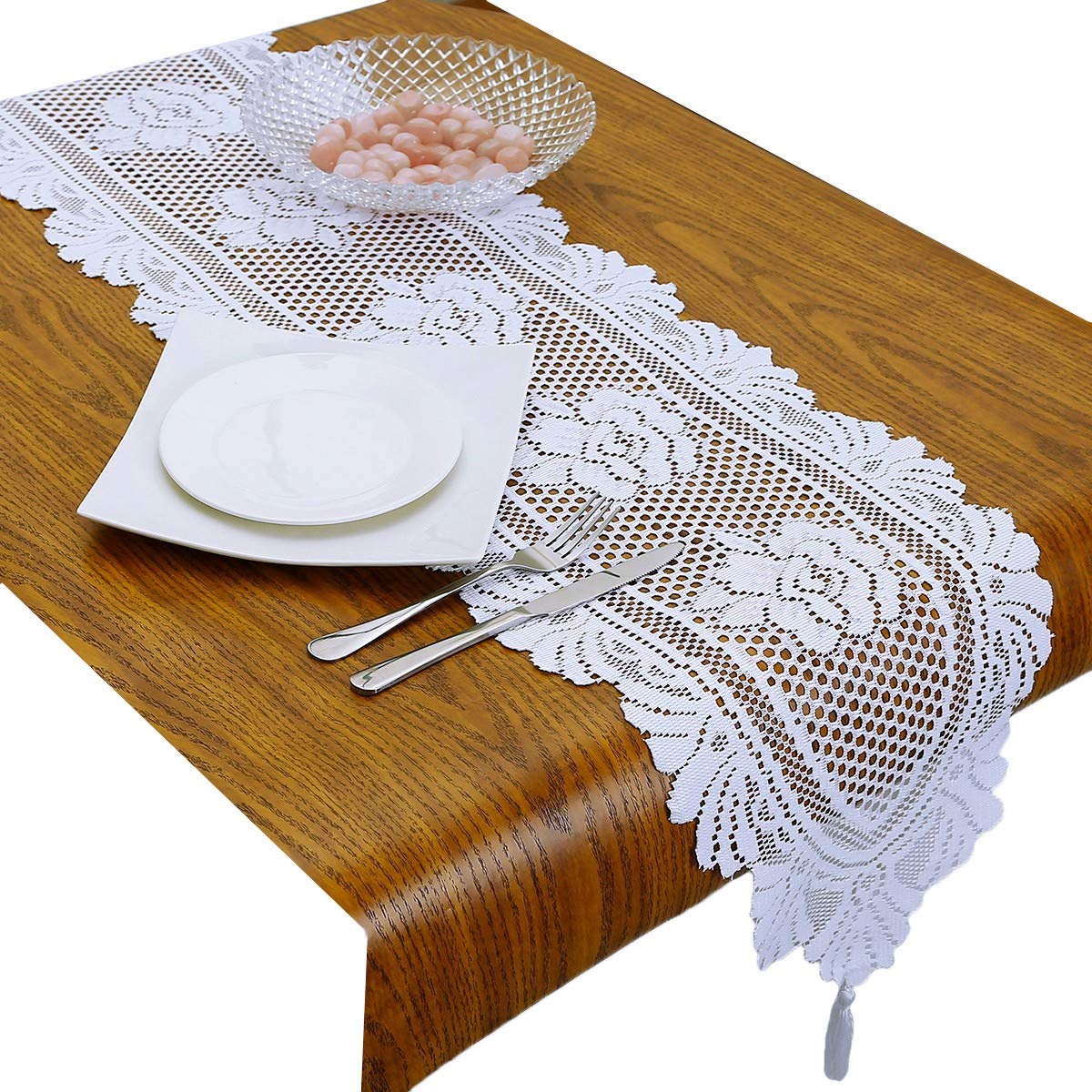 Chemin de table en dentelle blanche 33 x 150 cm décoration mariage banquet et fête