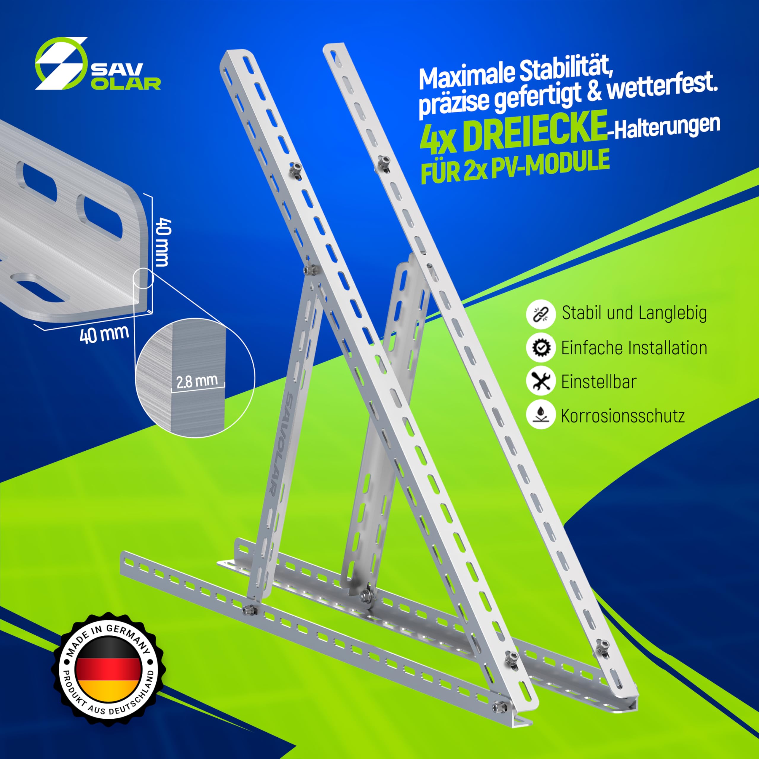 2 set di SAVOLAR Supporto per modulo solare per sistema di energia da balcone fino a 117 cm (46 pollici) Angolo regolabile 0-90°, Robuste staffe inclinabili per supporto di sistema di energia da