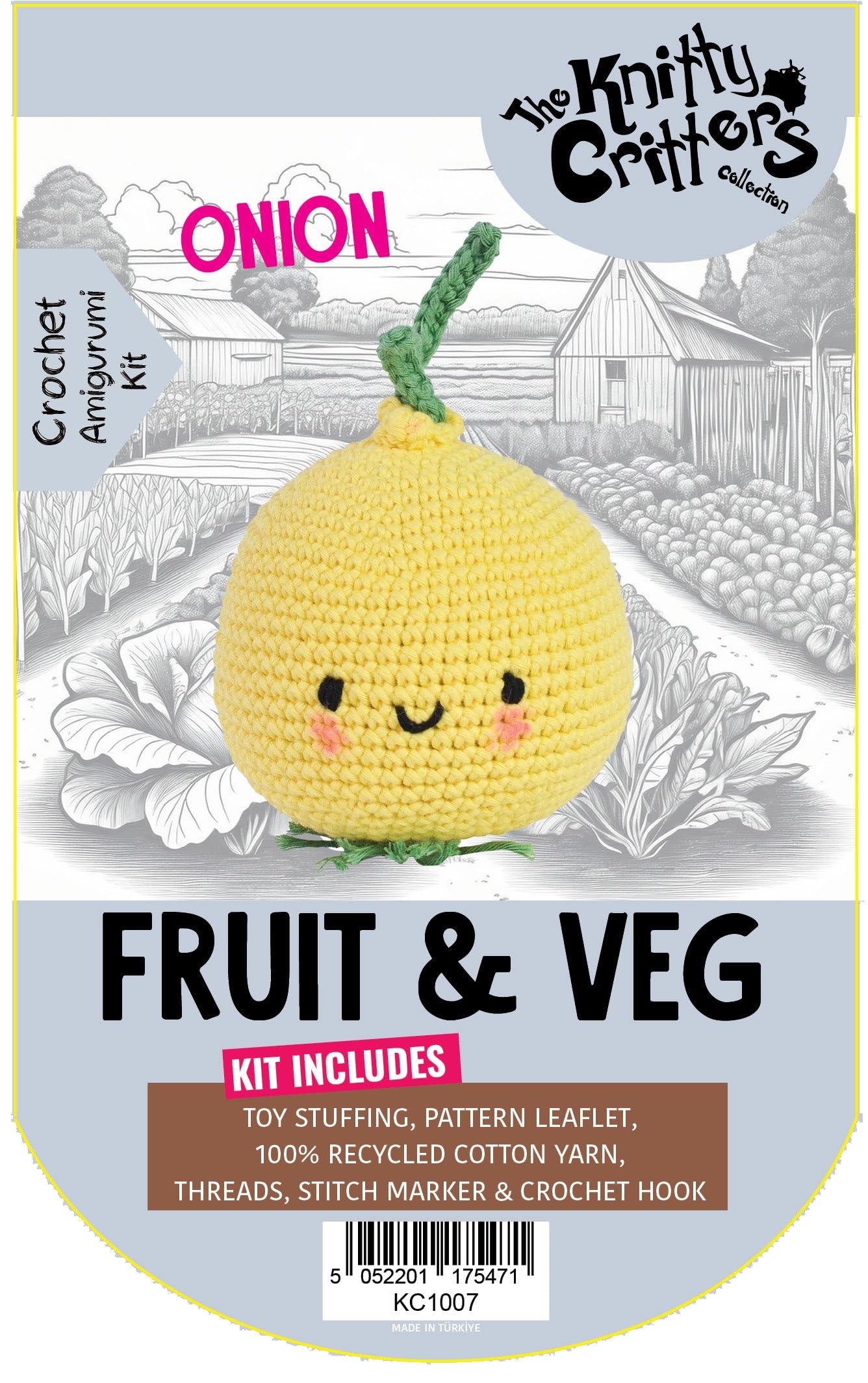 KNITTY CRITTERS – Fruit and Veg Crochet Kit – Onion| Beginner-Friendly Crochet Craft Kit with Recycled Yarn
