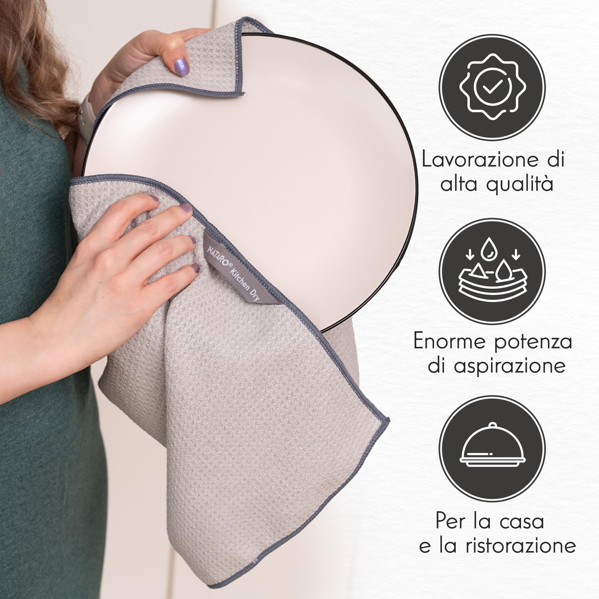 NATARO 4 Asciugatutto da cucina, strofinacci in microfibra premium, altamente assorbenti, durevoli, striature e senza pelucchi per la sua cucina, incluso strofinaccio, omaggio, grigio chiaro 70x45cm