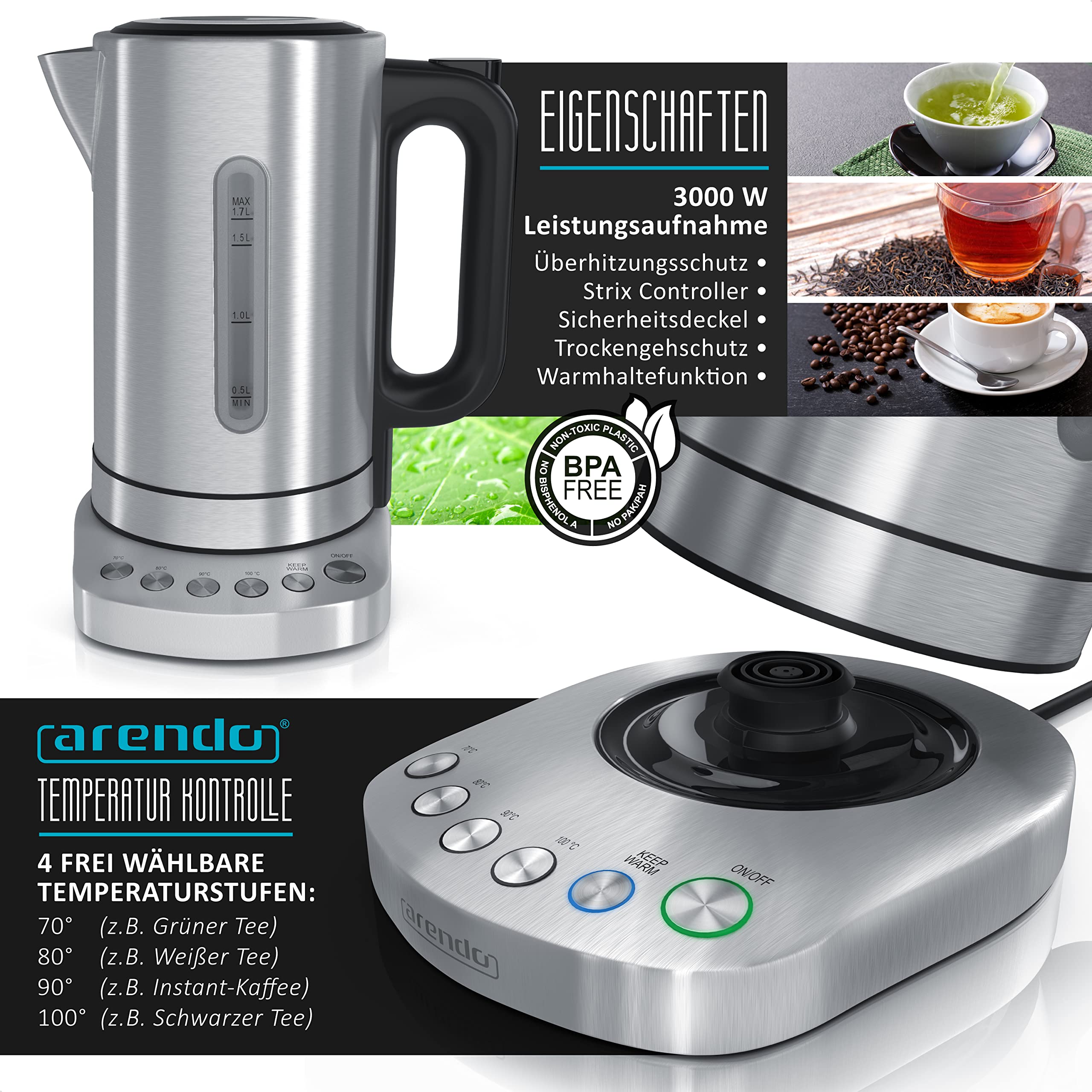 Arendo Wasserkocher Toaster SET Edelstahl 1000W Eierkocher