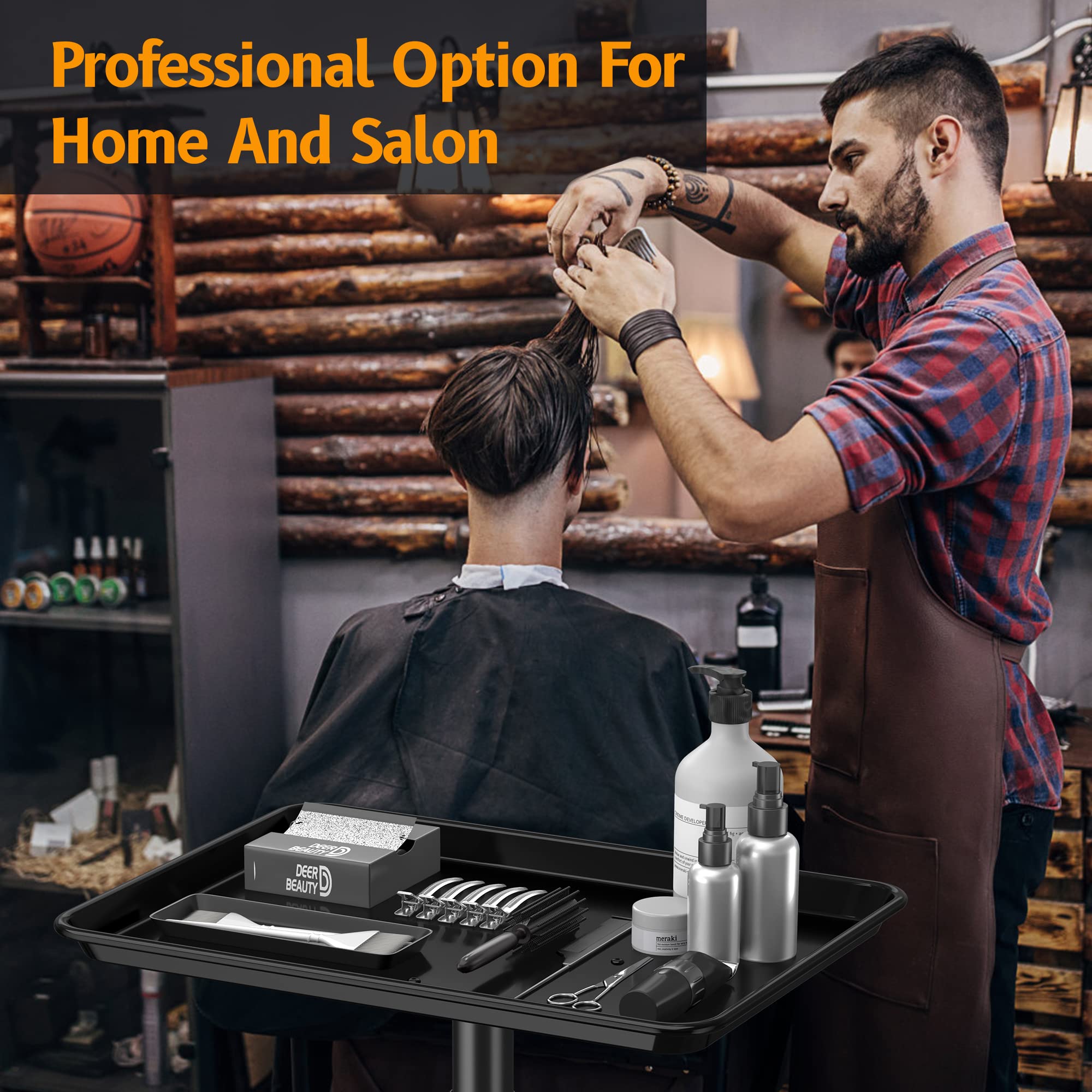 DEER BEAUTY Salon Tray on Wheels - Premium Aluminum Tattoo Tray Rolling Trolley - Adjustable Salon Service Rolling Tray Hairdresser Cart with Clinic Spa Rolling Tray Wheels (): Black