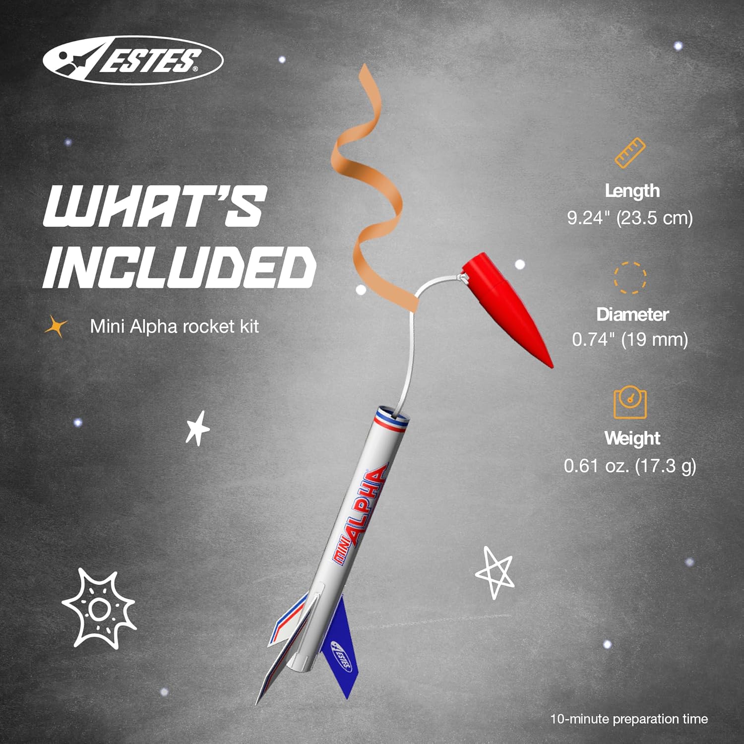 Estes Mini Alpha rocket kit components and dimensions