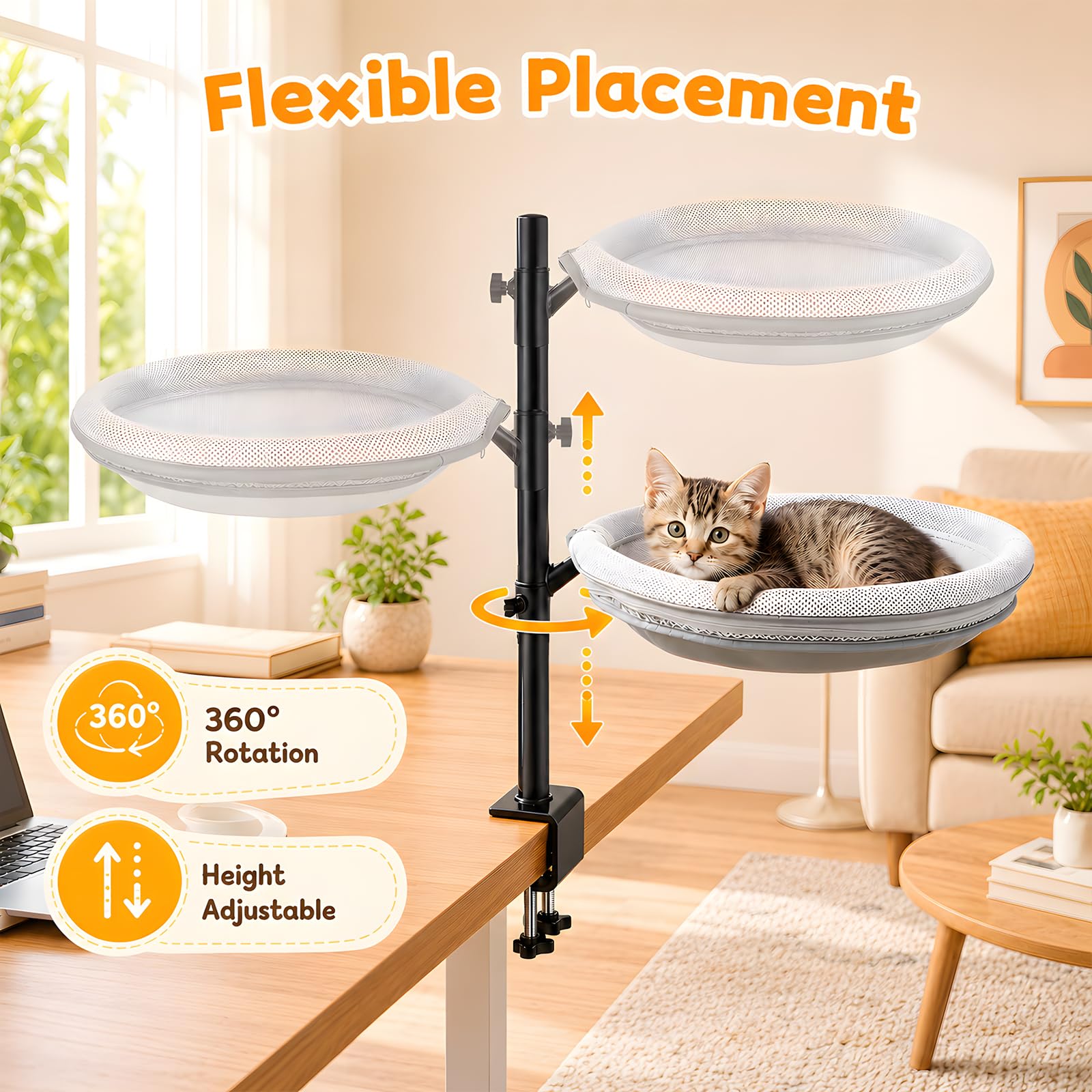 Cuccia gatti scrivania, Amaca gatti girevole a 360° e regolabile in altezza | Cuccia scrivania gatti Cuccia scrivania con rivestimenti rimovibili per gatti per casa e ufficio (fino a 15 kg)