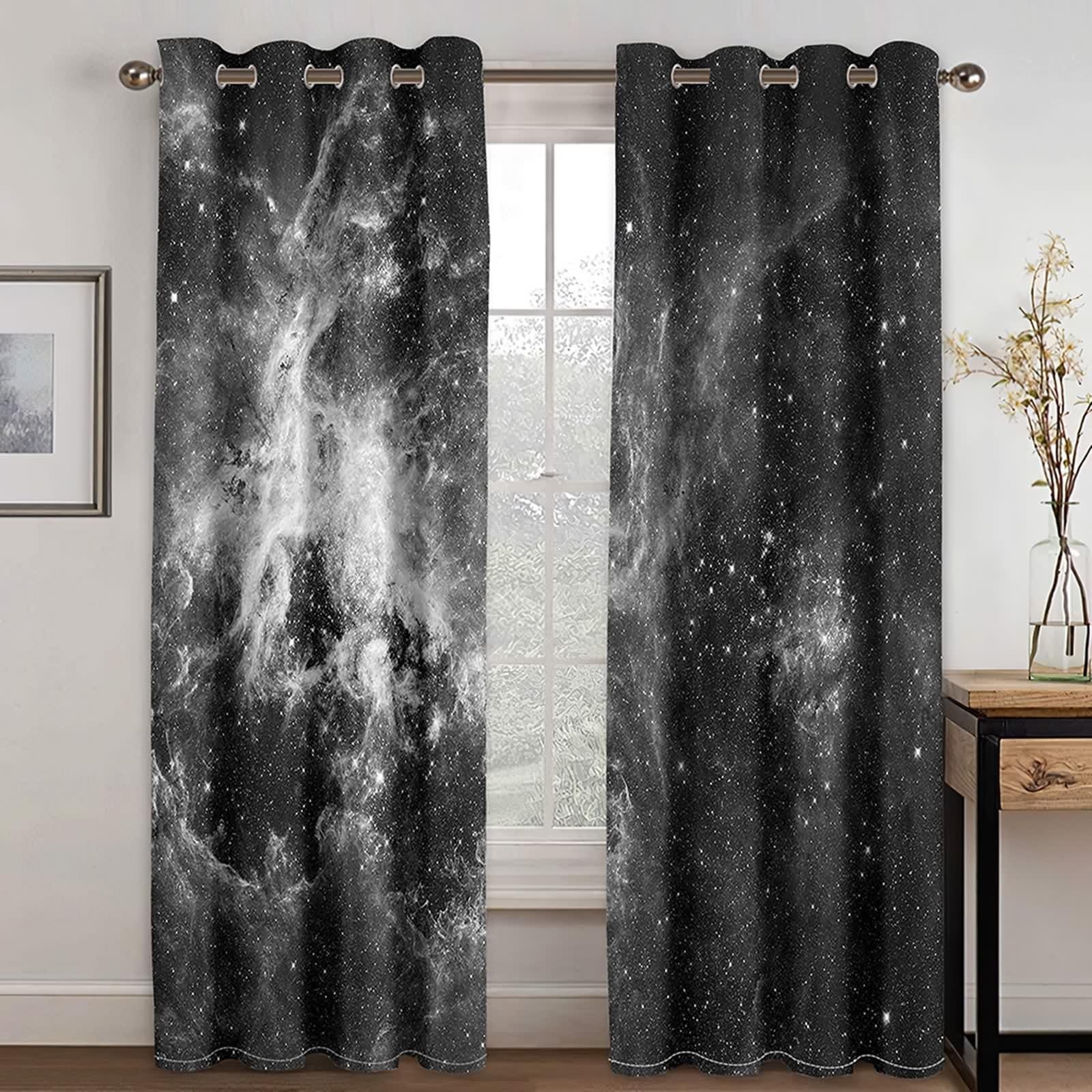 Zasłony okienne, zasłony zaciemniające, ciemnoszare, poliester, gwiaździste niebo, krajobraz, zestaw 2 sztuk, szer. 244 x wys. 274 cm