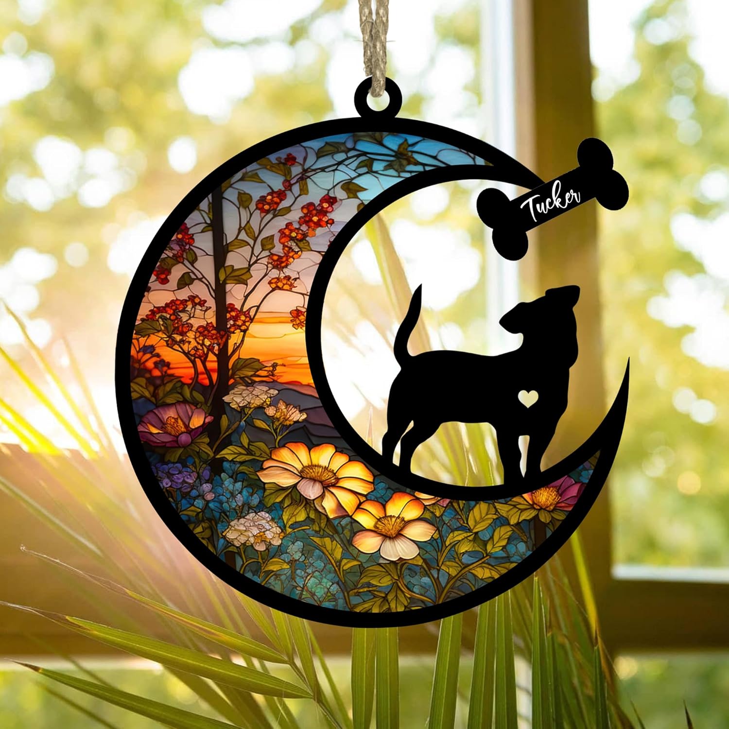 NAZENTI Personalized Black Dog Memorial Sun Catcher, Custom Name Date Dog Breed Sun Catcher, Pet Loss Stained Glass Light Lovers, Memorial Ornament Loss of Pet Sympathy Gift