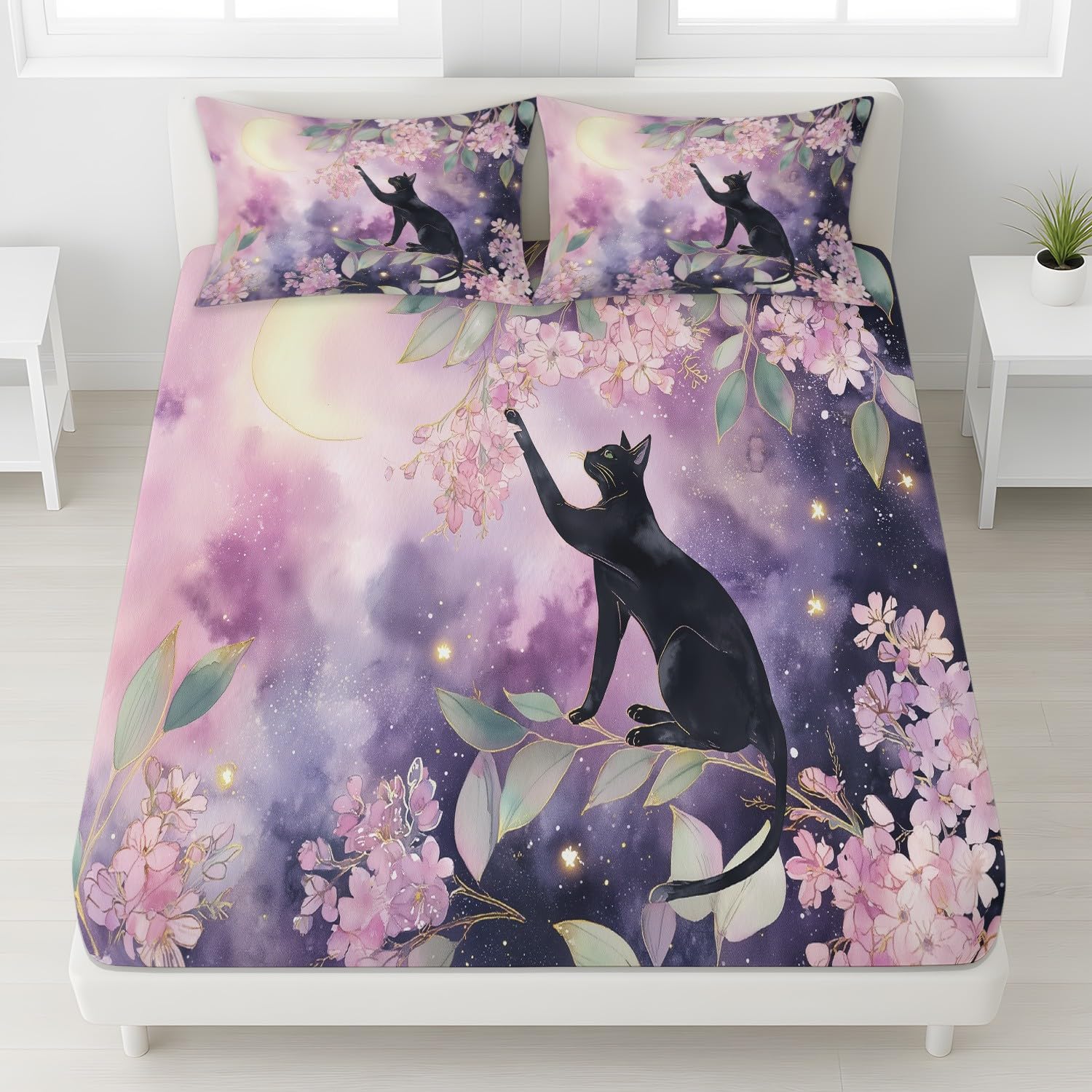 Juego de sábanas bajeras de microfibra transpirable con diseño de gato negro y flor de cerezo y luna, 30 cm de profundidad, para decoración de habitación de niños y adolescentes, 180 x 200 cm