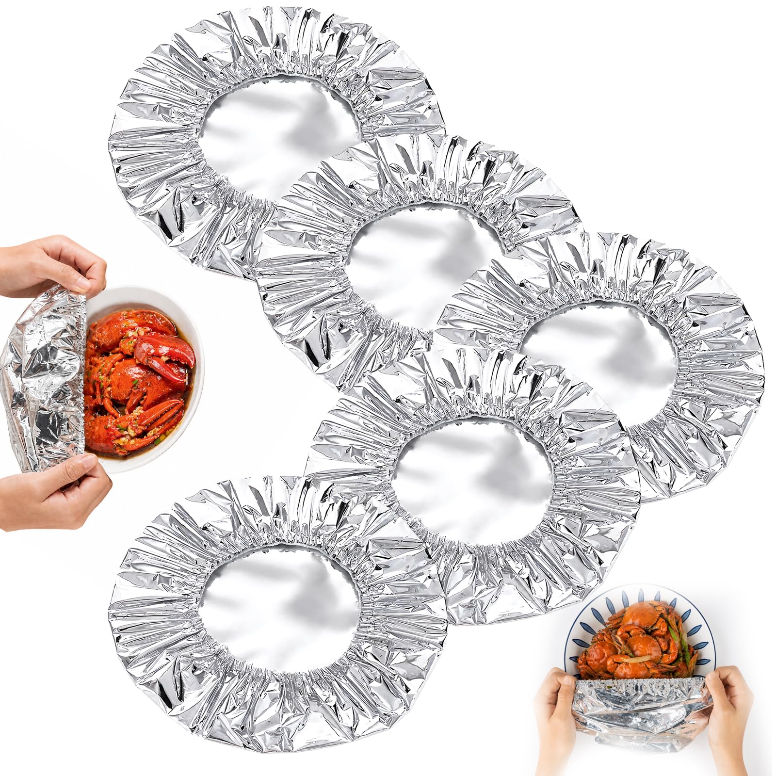 60PCS Aluminium Foil Covers, Aluminum Foil Insulation Cover, Leftovers and Outdoor Dining, Stretch Fit Insulation Covers for Various Container Sizes, Durable Kitchen Accessories