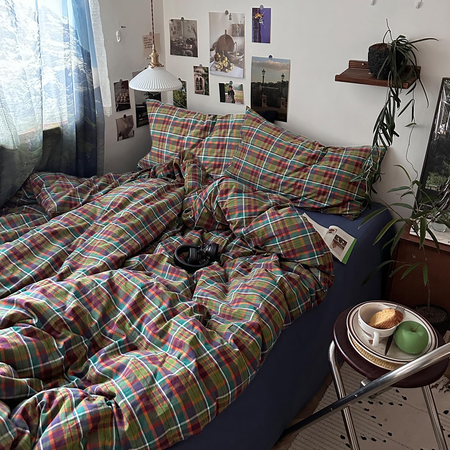 mixinni Buffalo Plaid Duvet Cover Set Twin Size - 100% Washed Cotton 3-Piece Bedding Set for Teen Boys Girls, Multicolor Retro Grid Design, Soft Breathable Comforter Cover for Dorm Room-Twin Size
