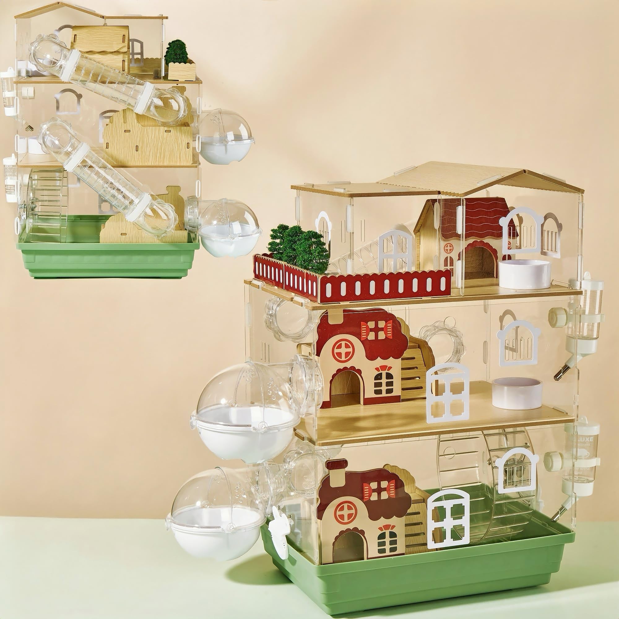 17 in 1 clear acrylic hamster cage with all accessories,13.5''l x 10''w x 21''h dwarf hamster cage,magnetic connection small hamster enclosure,garden style wooden pet mouse cage for pet mice(3-layer)