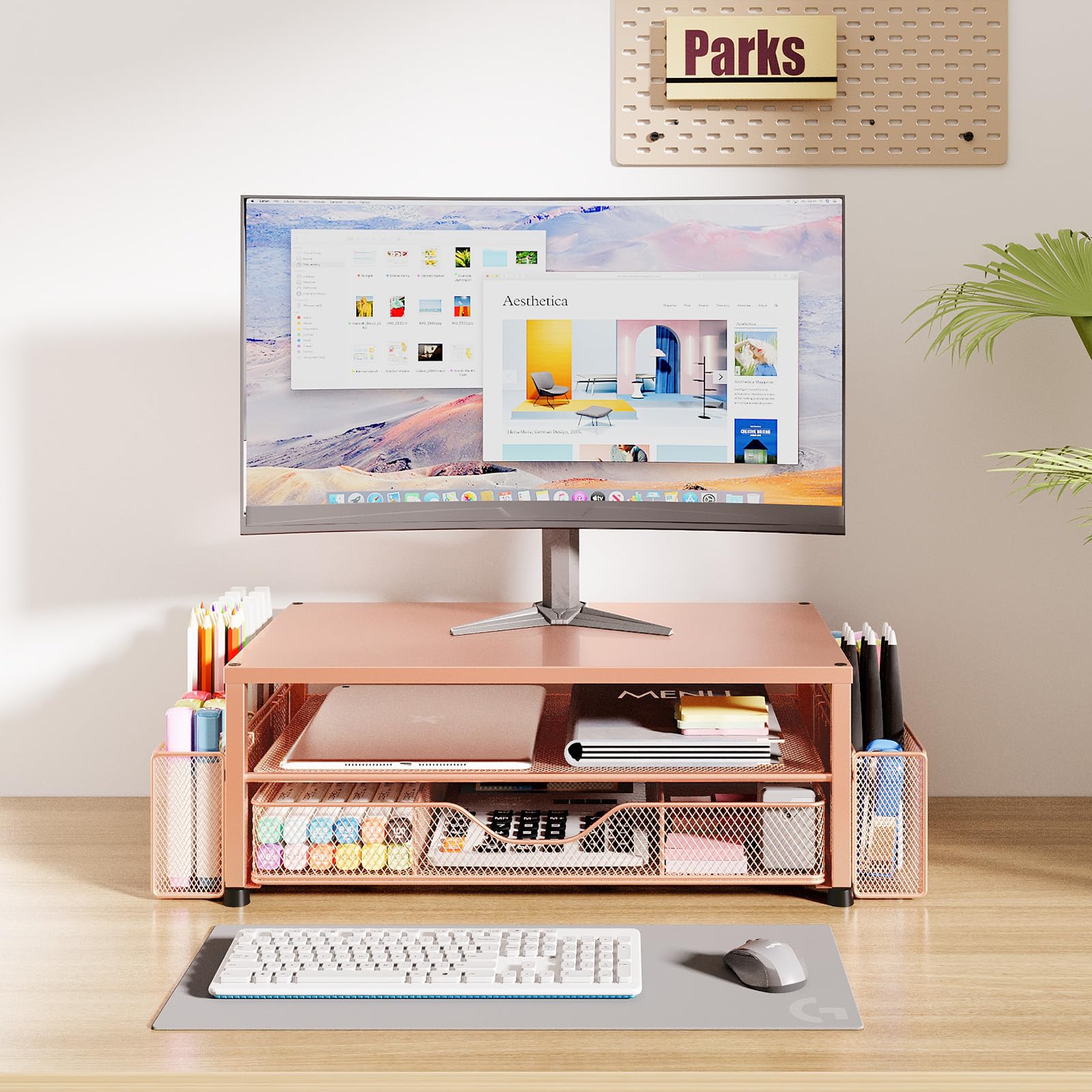 OPNICE Desk Organizers and Accessories, 2-Tier Computer Monitor Stand with Drawer and 2 Pen Holders, Office Desk Accessories for Office Supplies, Rose Gold
