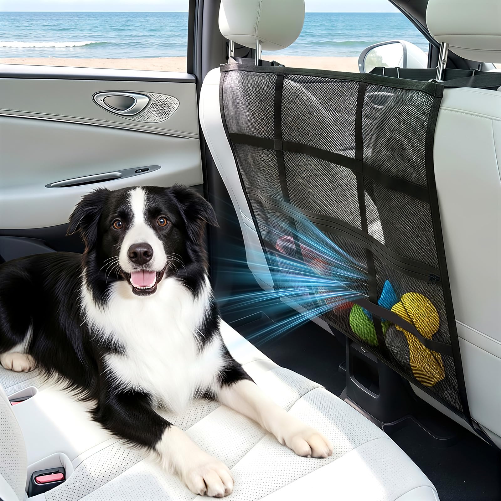 Barrière De Sécurité Pour Chien, Barrière Pour Animaux En Filet Double Épaisseur, Évite Que Le Chien Ne Saute Et Ne Distrait Le Conducteur, Facile À Installer Avec Sac De Rangement, 75 X 65 CM