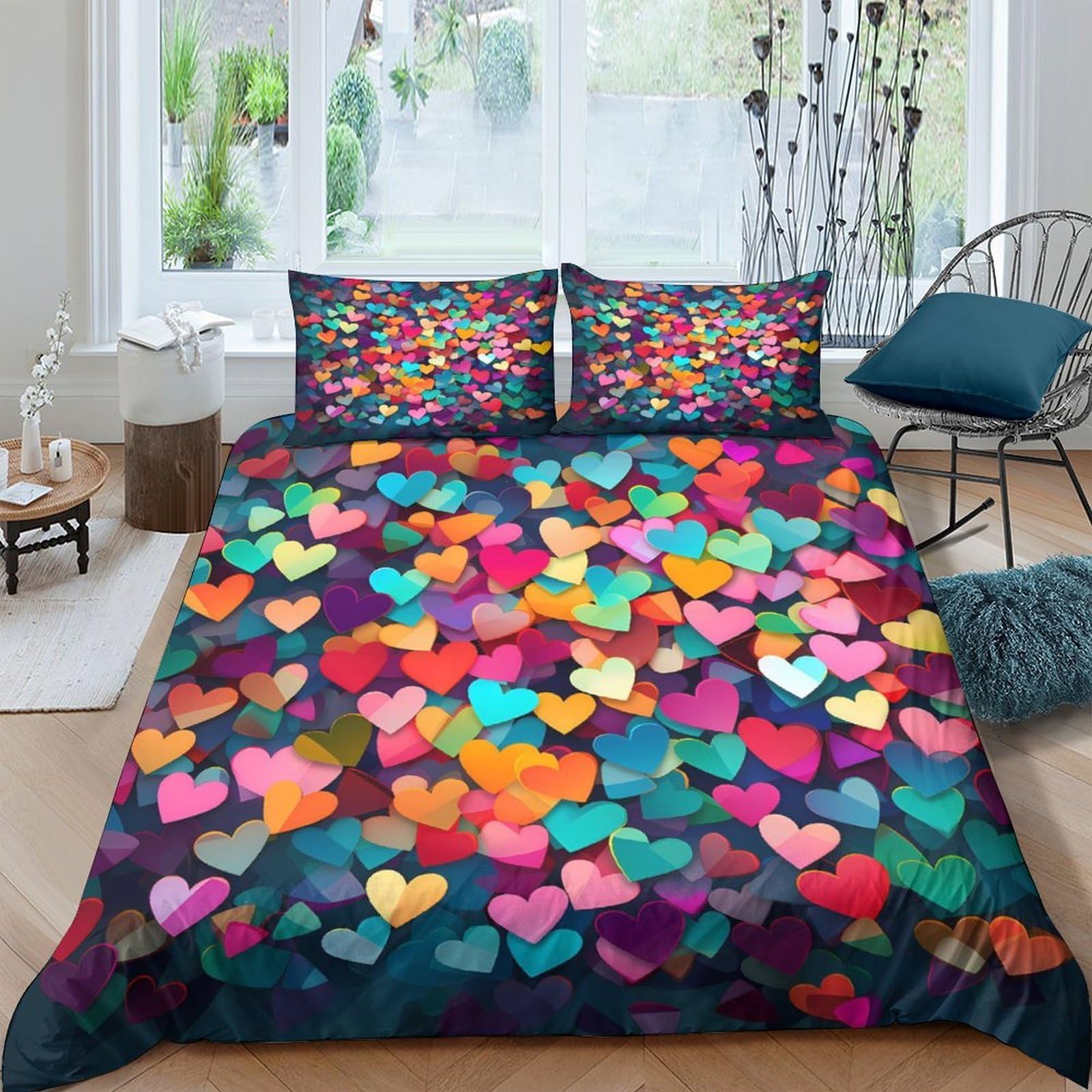 Ctjqhvkz Style-7 3D Printed Colorful Hearts Fitted Sheet Microfiber Soft Anti-Slip Multicolor Love Bed Cover For Bedroom Guestroom Dorm Decor Single（135X200cm）
