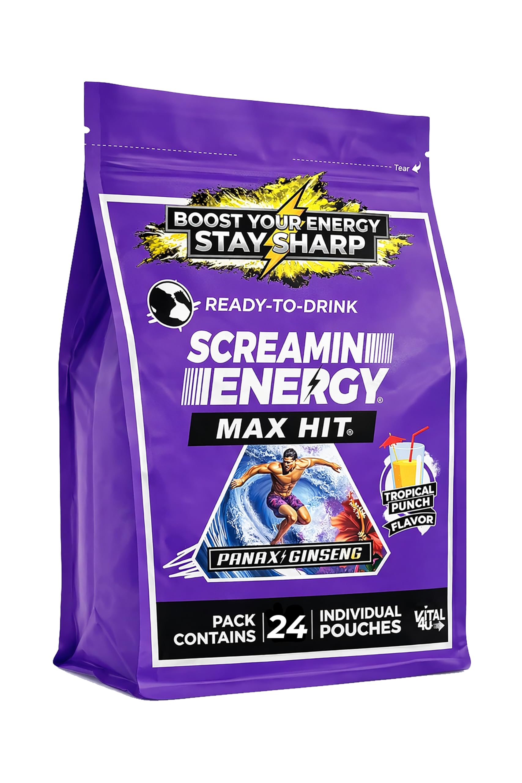 Screamin Energy Max Hit Tropical Punch Energy Shots, 24 Count | Sugar Free Ready-to-Drink Pouches, 185 mg Caffeine per Pouch, Panax Ginseng and B Vitamins