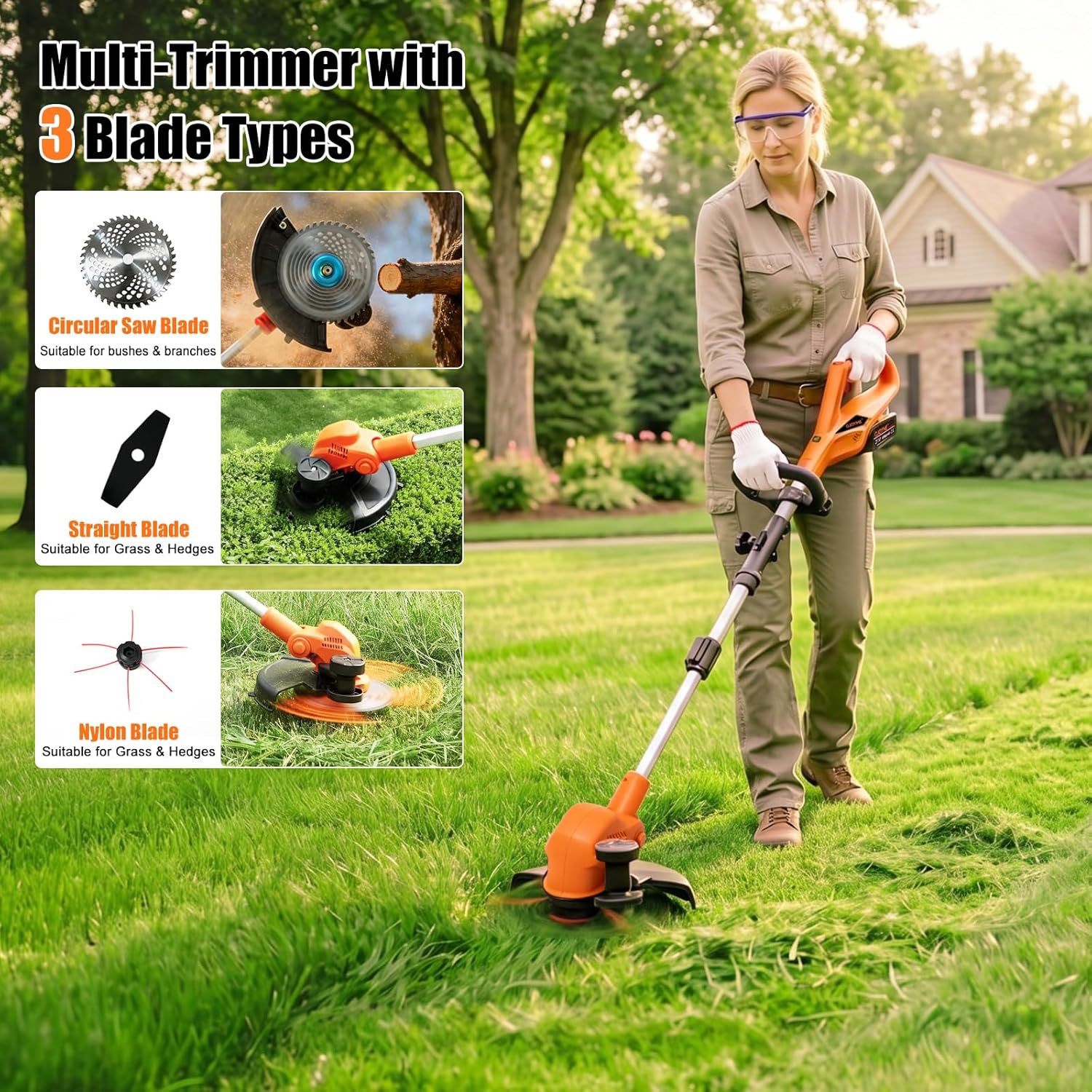 Cordless Lawn Mower, 2x4.0Ah Battery Powered Weed Wacker & Edger, 4-in-1 Electric String Trimmer with Wheels, Adjustable Height & Angle Brush Cutter for Yard Garden Weeds & Overgrown Shrubs