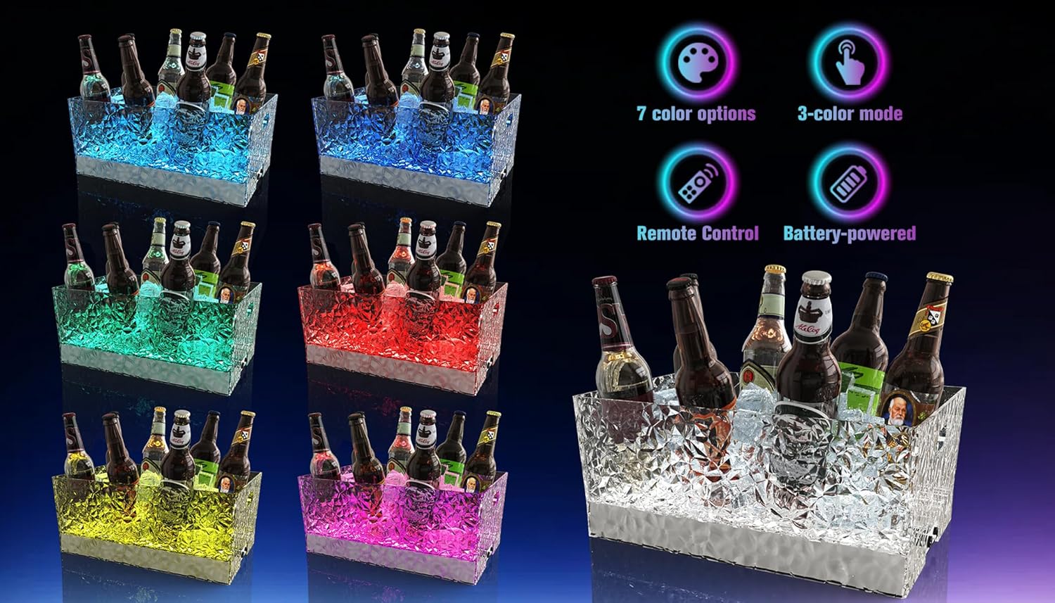 Choowin 15L / 4gal Large Ice Bucket for Parties for Cocktail Bar, Clear Plastic Champagne Bucket Beverage Tub with Lights (7 Colors) and Remote Control, Wave Texture, 16.7 X 11 X 7.1 in