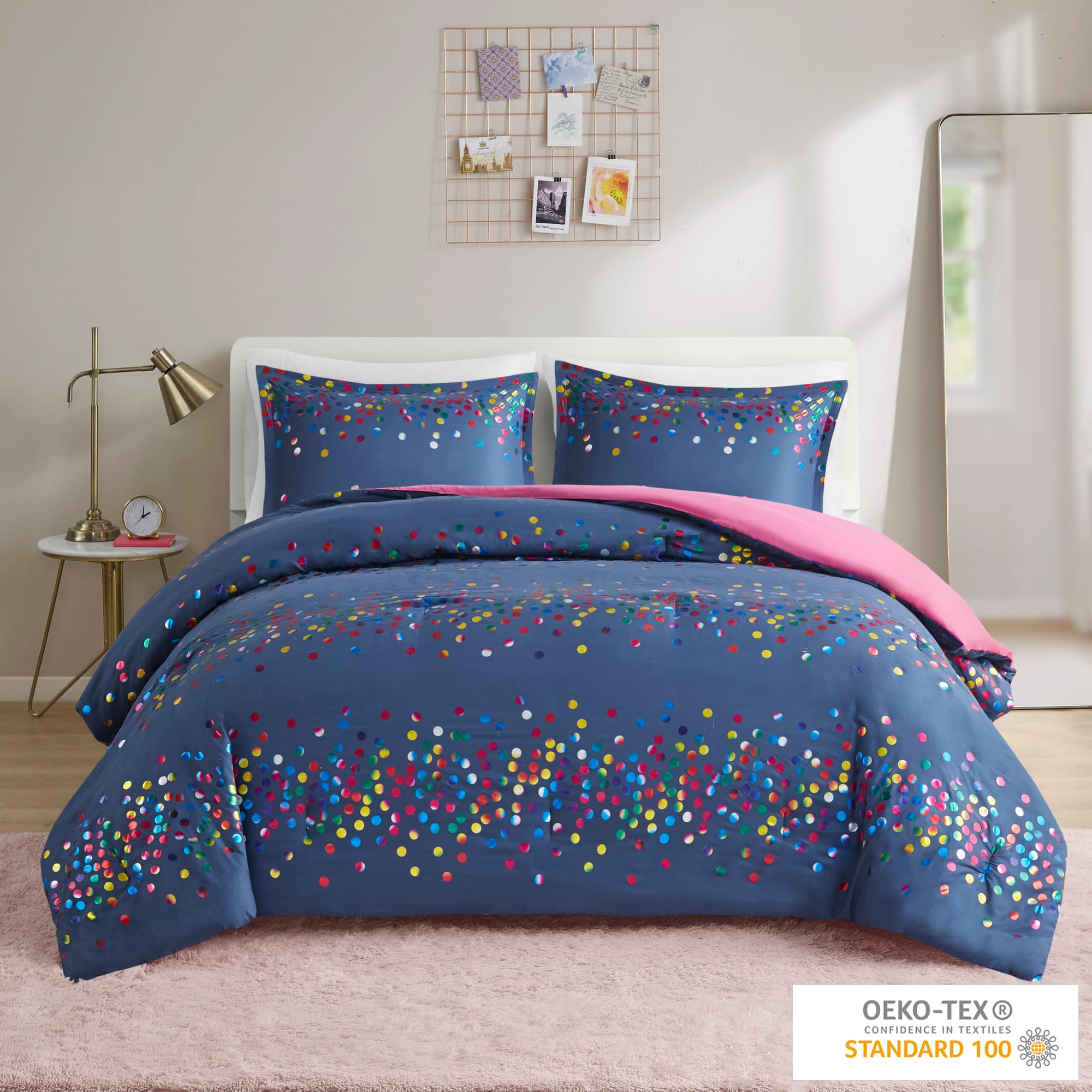 Intelligent Design Janie Metallic Comforter Set Rainbow Iridescent Pattern, Solid Brushed Microfiber Reverse, Modern All Season, Polka Dot Bedding, Matching Sham, Full/Queen White Polka Dot 3 Piece