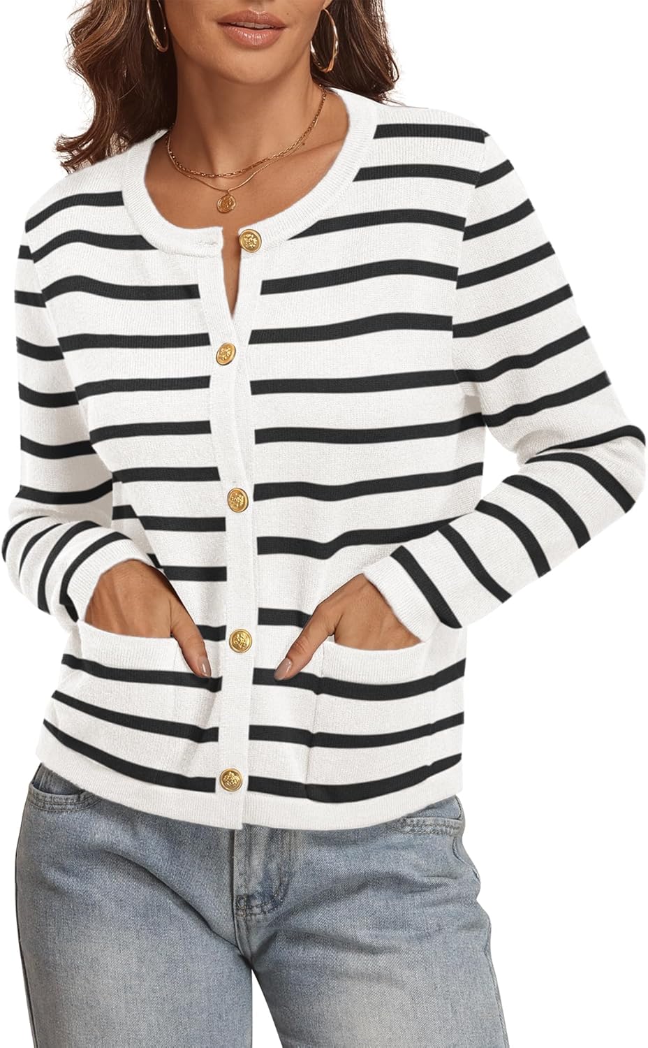 ATHMILE Women Striped Cardigan Sweaters Button Down Cropped Fall Fashion Outfits Winter Clothes Knit Lady Jackets Coat 2025