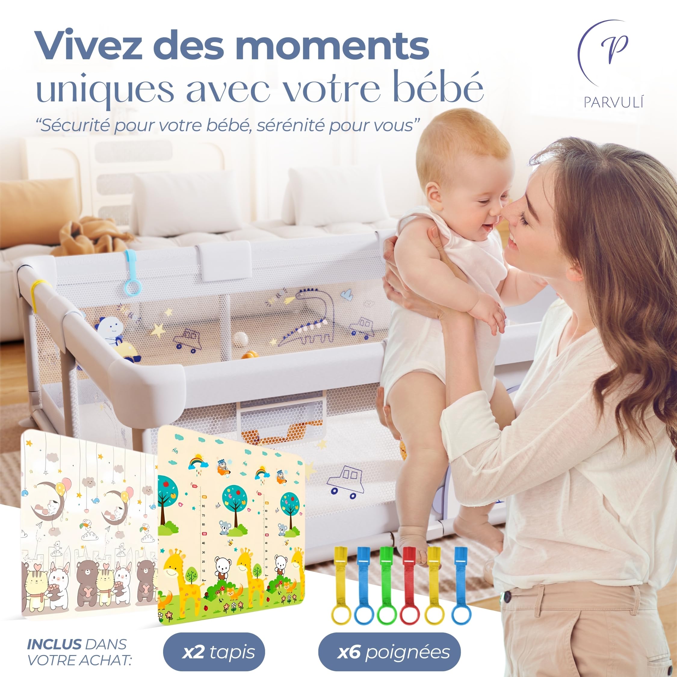 PARVULI Parc Bebe 120x120 cm - Enclos pour Bébé avec 6 Poignées et Tapis de Jeu Rembourré - Parc pour Bebe Pliable pour la Maison avec Maille Respirante et Barrières Protégées