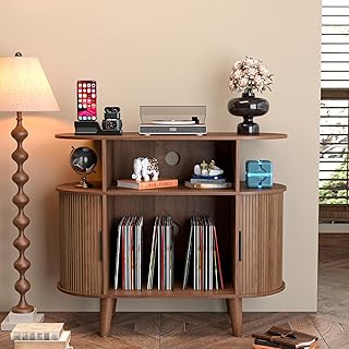 Large Round Record Player Stand with Charging Station & USB Ports，Record Storage Cabinet, Mid Century Modern Turntable Stand for Bedroom Living Room (Small Brown)