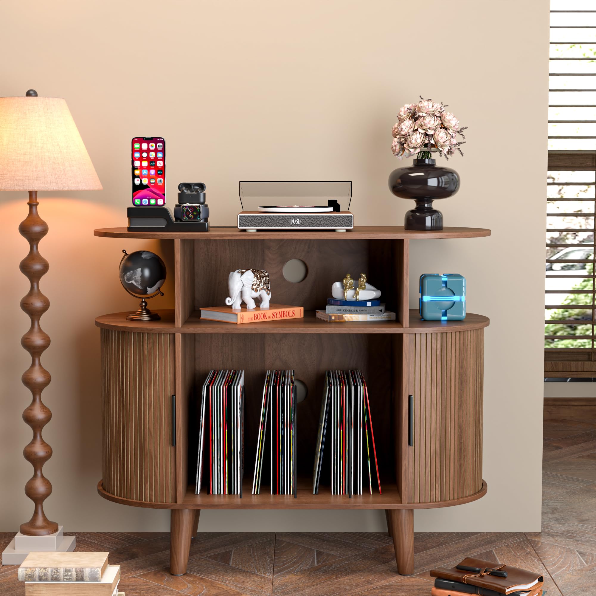 Mid Century Modern Record Player Stand with USB Ports