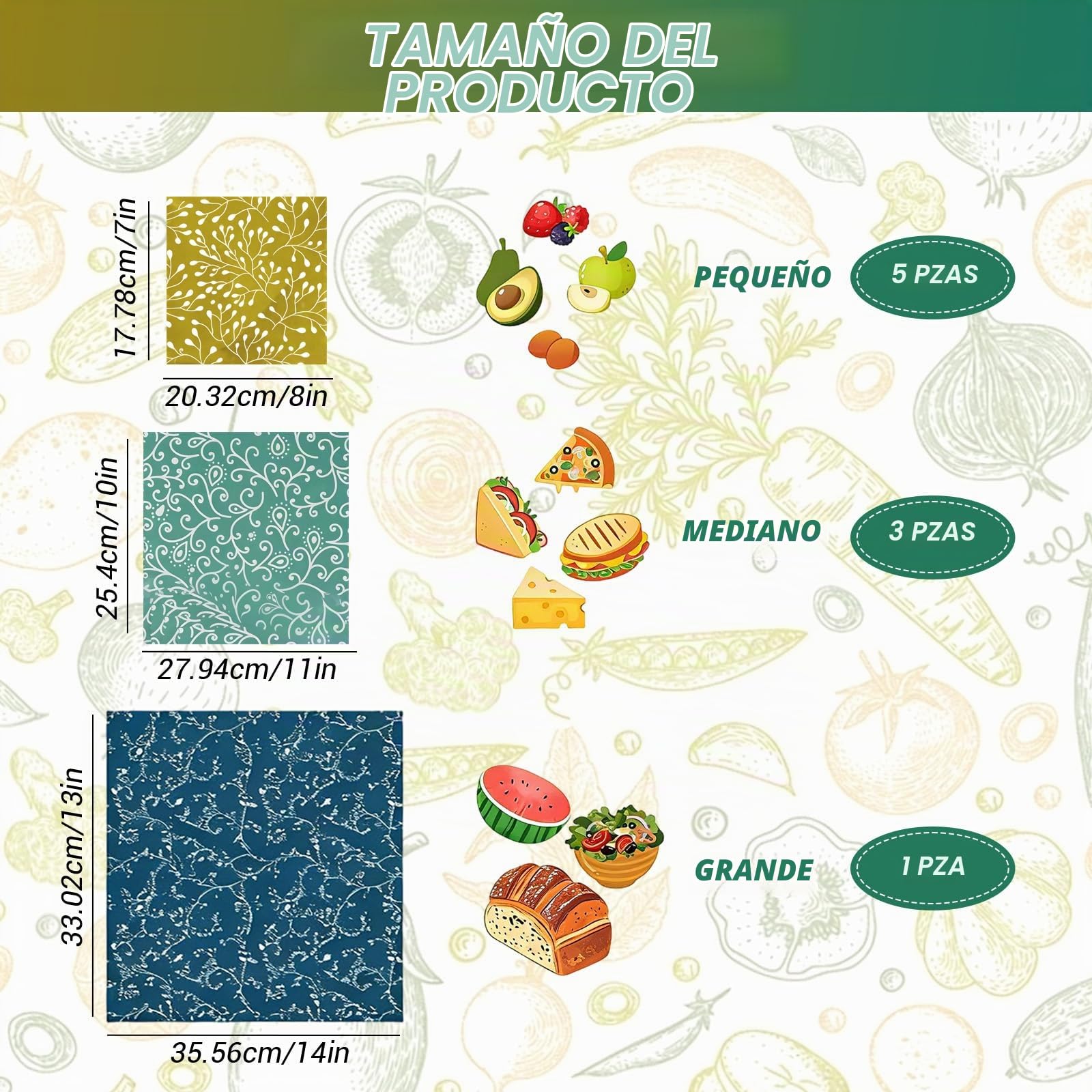 Juego De 9 Paños De Cera De Abeja (1L, 3M, 5S) Reutilizables De Algodón Ecológico – Alternativa Sin Plástico A Film Alimentario para Cocina – Diseño De Hojas Verdes