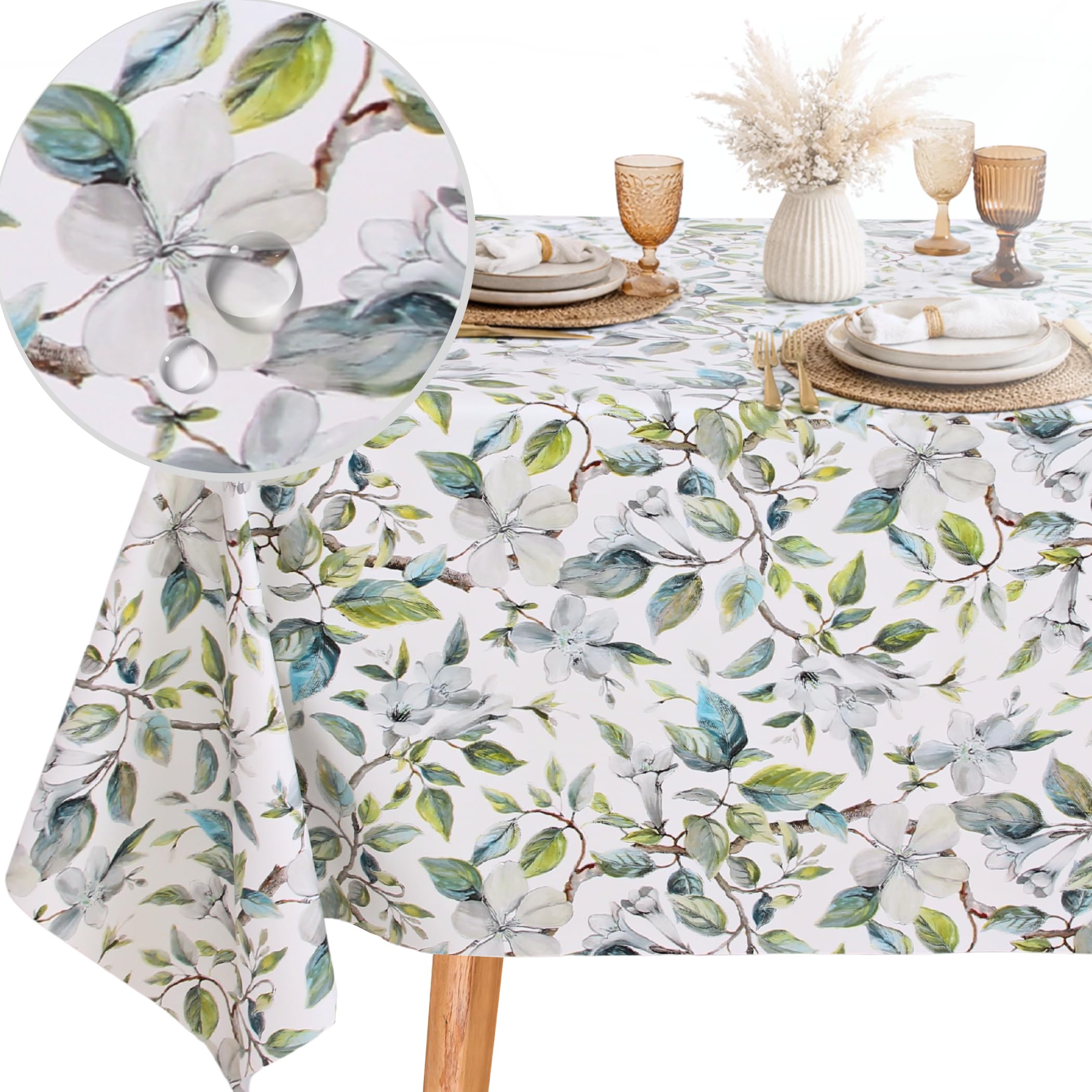 KP HOME Premium Green Leaves Wipe Clean Tablecloth – Square 140 x 140 cm Waterproof PVC Table Cloth – Summer Plastic Table Cover – Wipeable Vinyl Oilcloth for Kitchen & Outdoor