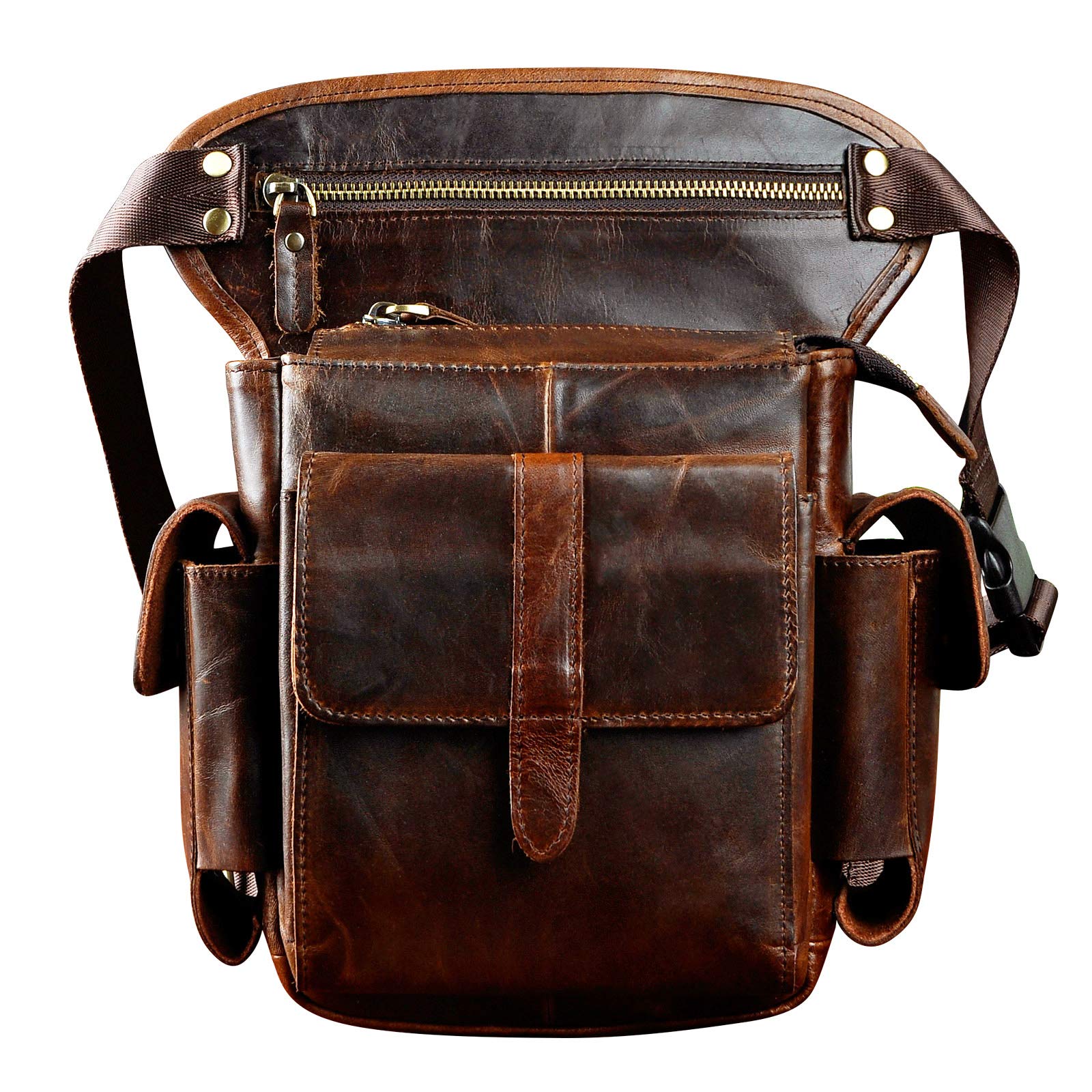 Le'aokuu Sacs en Cuir Véritable Messager Sac de Jambe Sacs à la Taille Sports Randonnée (913-5 A3 Café)