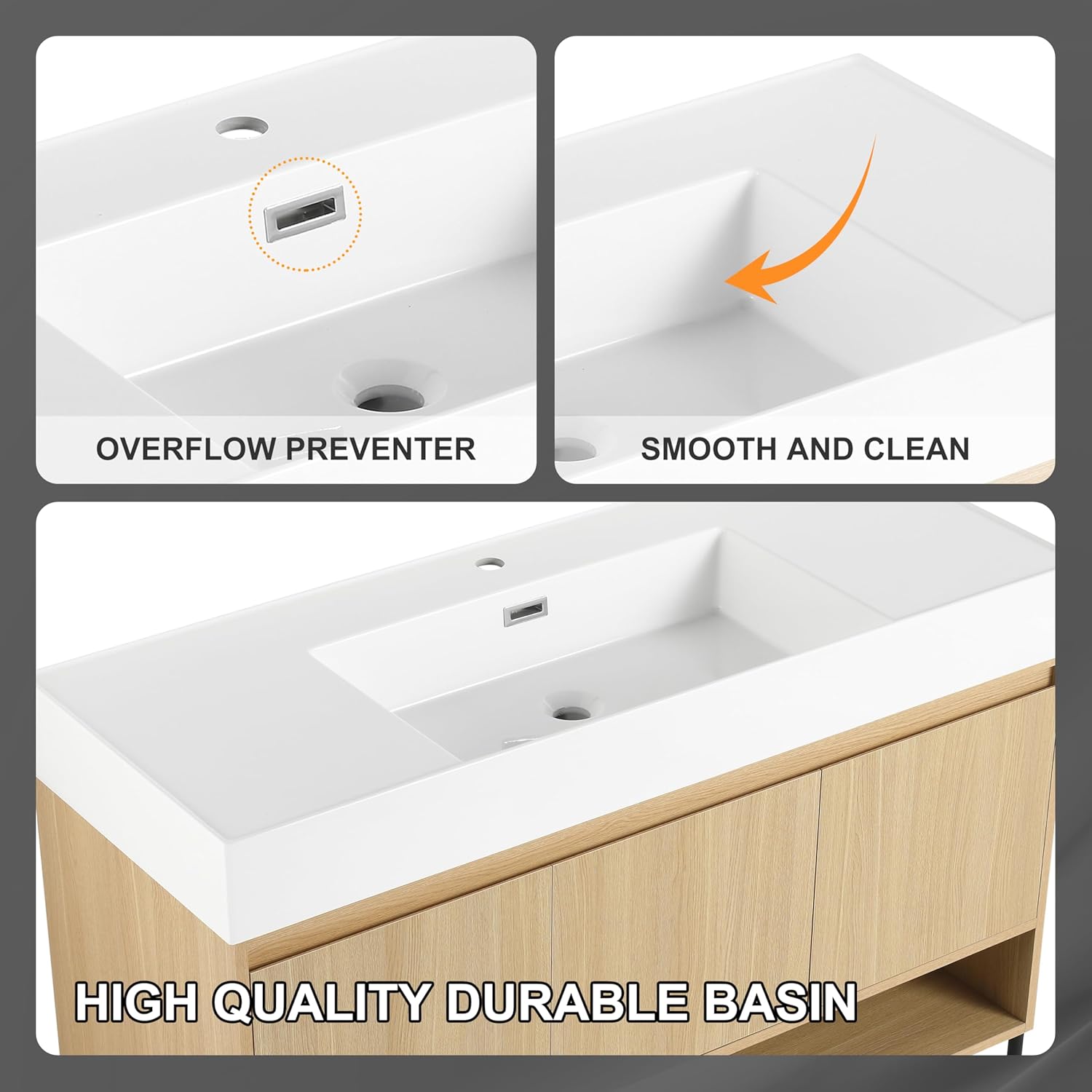 48 Inch Bathroom Vanity with Sink, Freestanding Bathroom Sink Cabinet, Undermount Ceramic Single Sink Bathroom Vanity, Multilayer Solid Wood, Metal Legs with Plastic Foot Pads, Soft Closed Door (Oak)