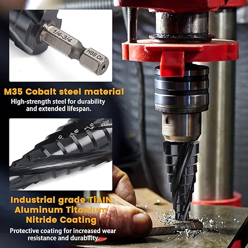Miniatura 5 de MulWark M35 - Juego de brocas con paso de cobalto con punzón central, Unibit recubierto de TiAlN (14"-34"), vástago hexagonal de 4 flautas en