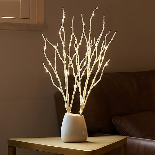 Miniatura 9 de Birchlitland Ramas de abedul iluminadas con temporizador, funciona con pilas, 18 pulgadas, 70 L, luces LED blancas cálidas, luces decorativas