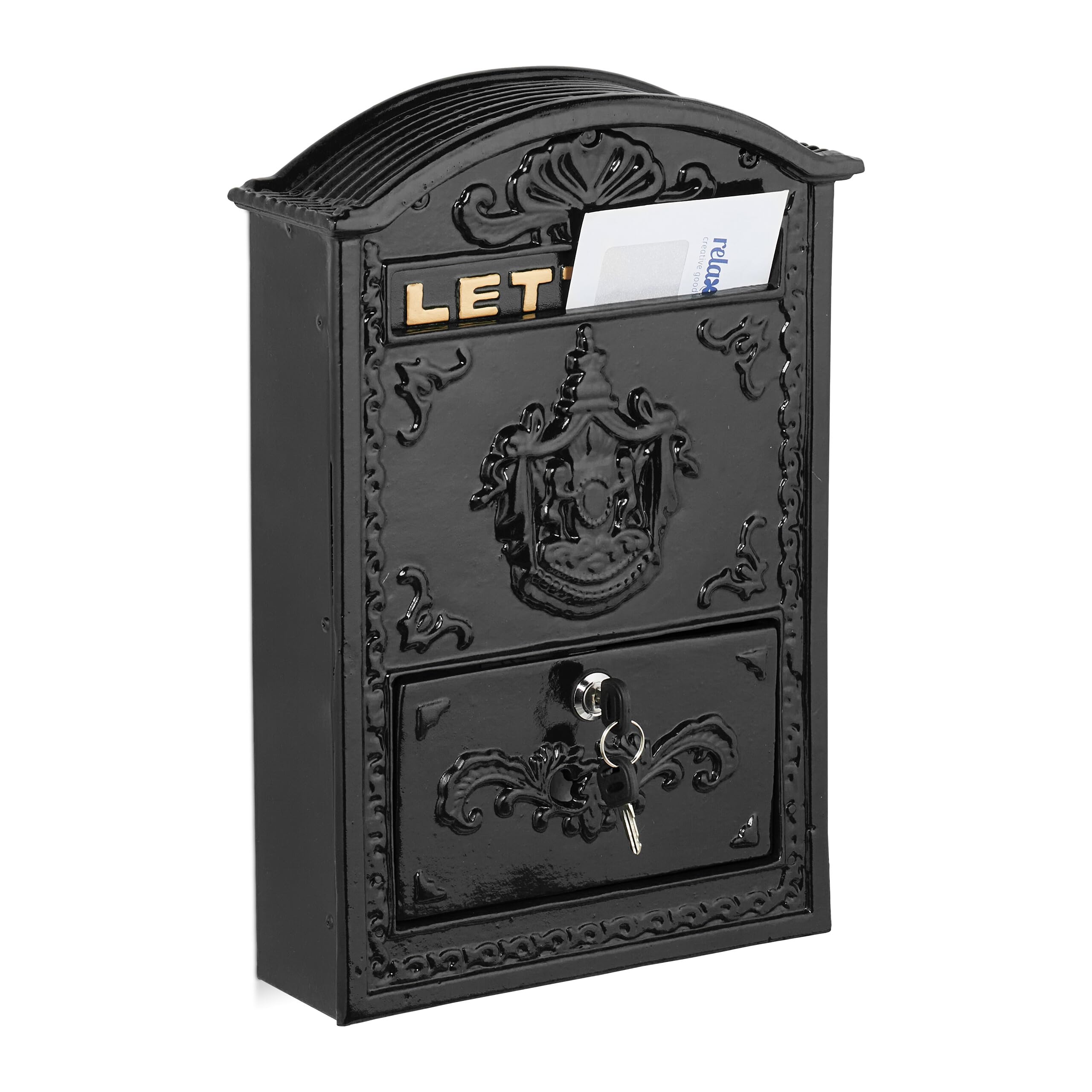 Relaxdays Cassetta Posta, Design Antico, Porta Lettere A4, Casella Postale in Ferro e Alluminio, 42x28x10 cm, Nero Oro